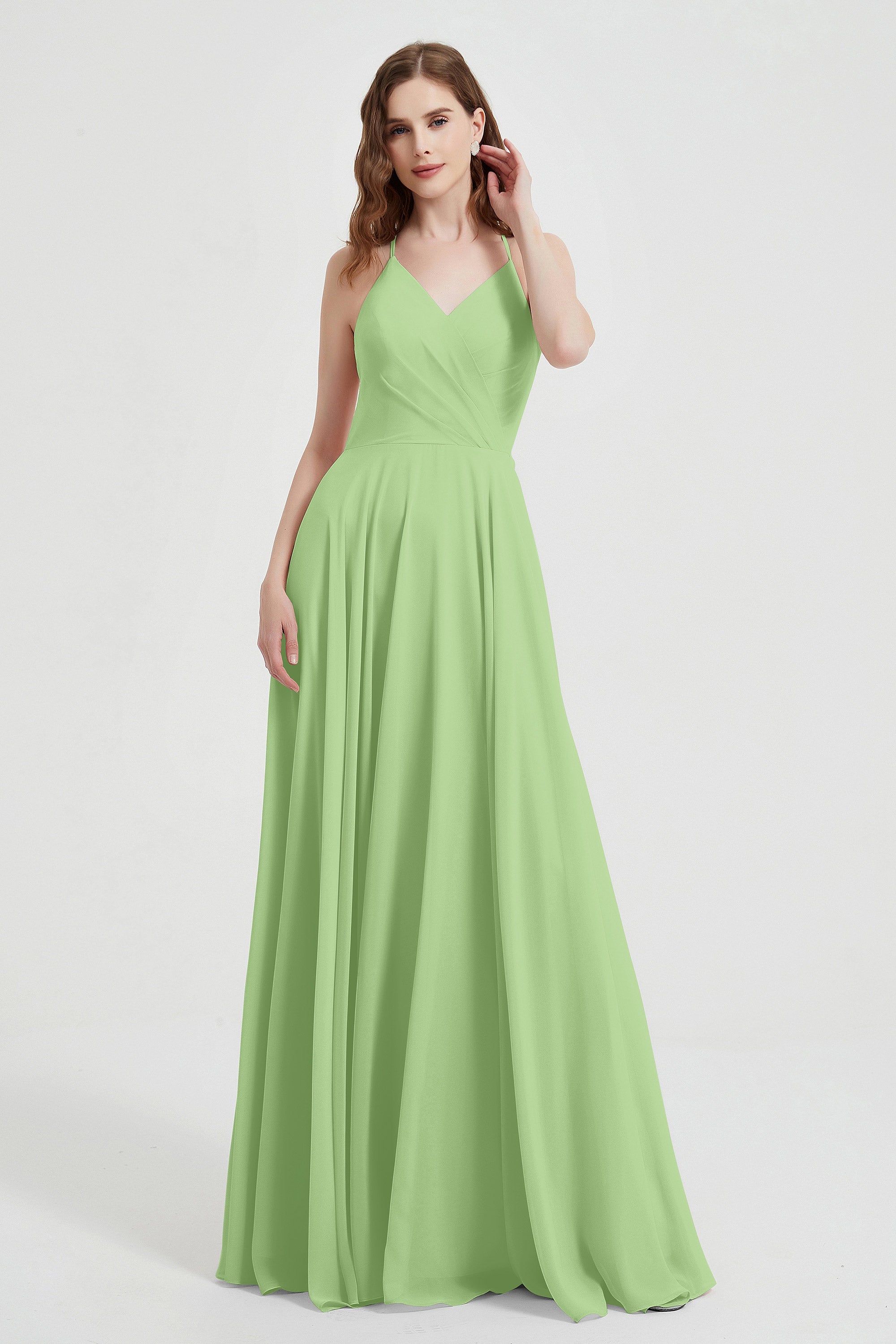 Crossed Straps Chiffon A Line Bridesmaid Dress Pleated Ruffle Formal Evening Dresses Gowns