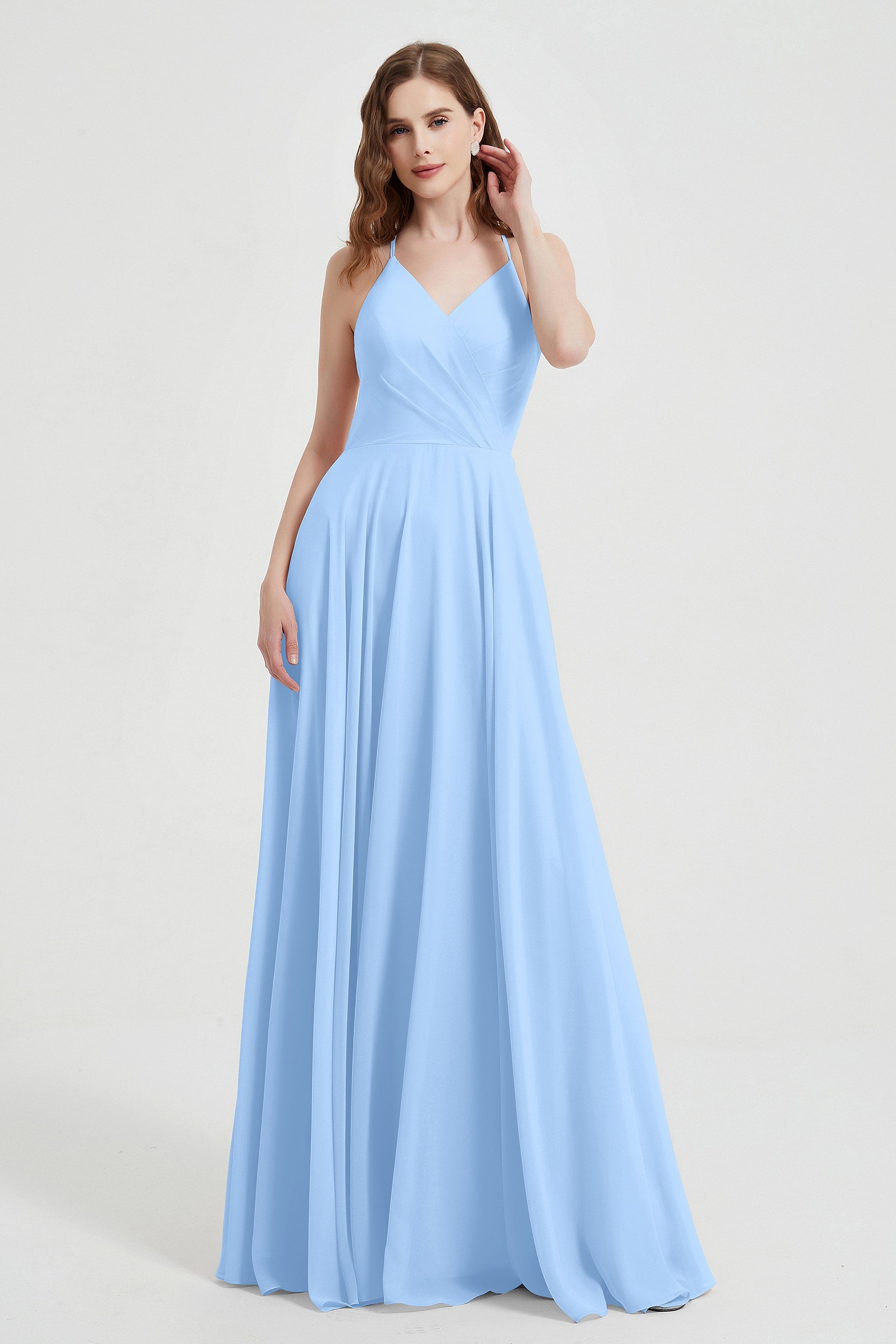 Crossed Straps Chiffon A Line Bridesmaid Dress Pleated Ruffle Formal Evening Dresses Gowns