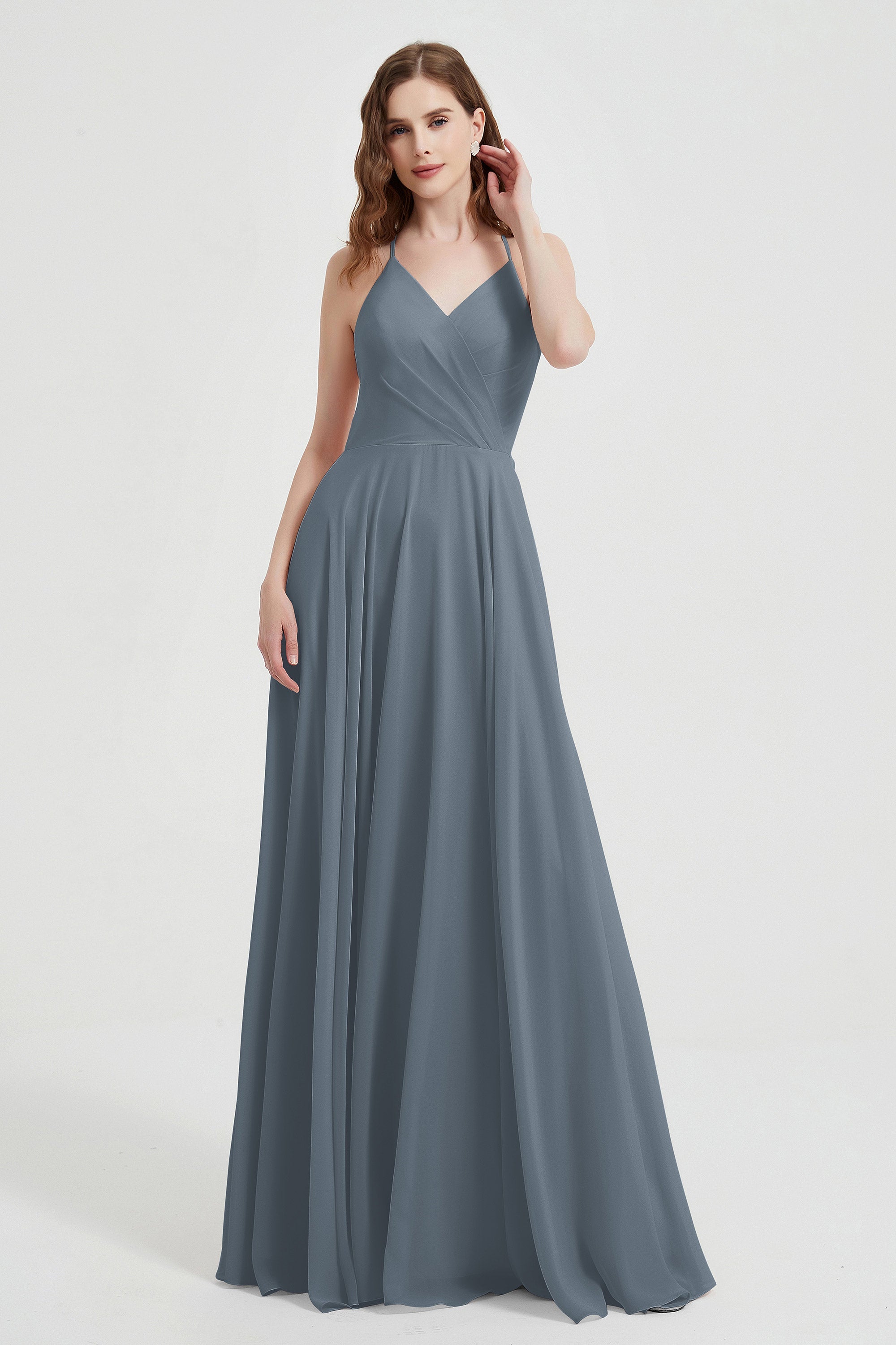 Crossed Straps Chiffon A Line Bridesmaid Dress Pleated Ruffle Formal Evening Dresses Gowns