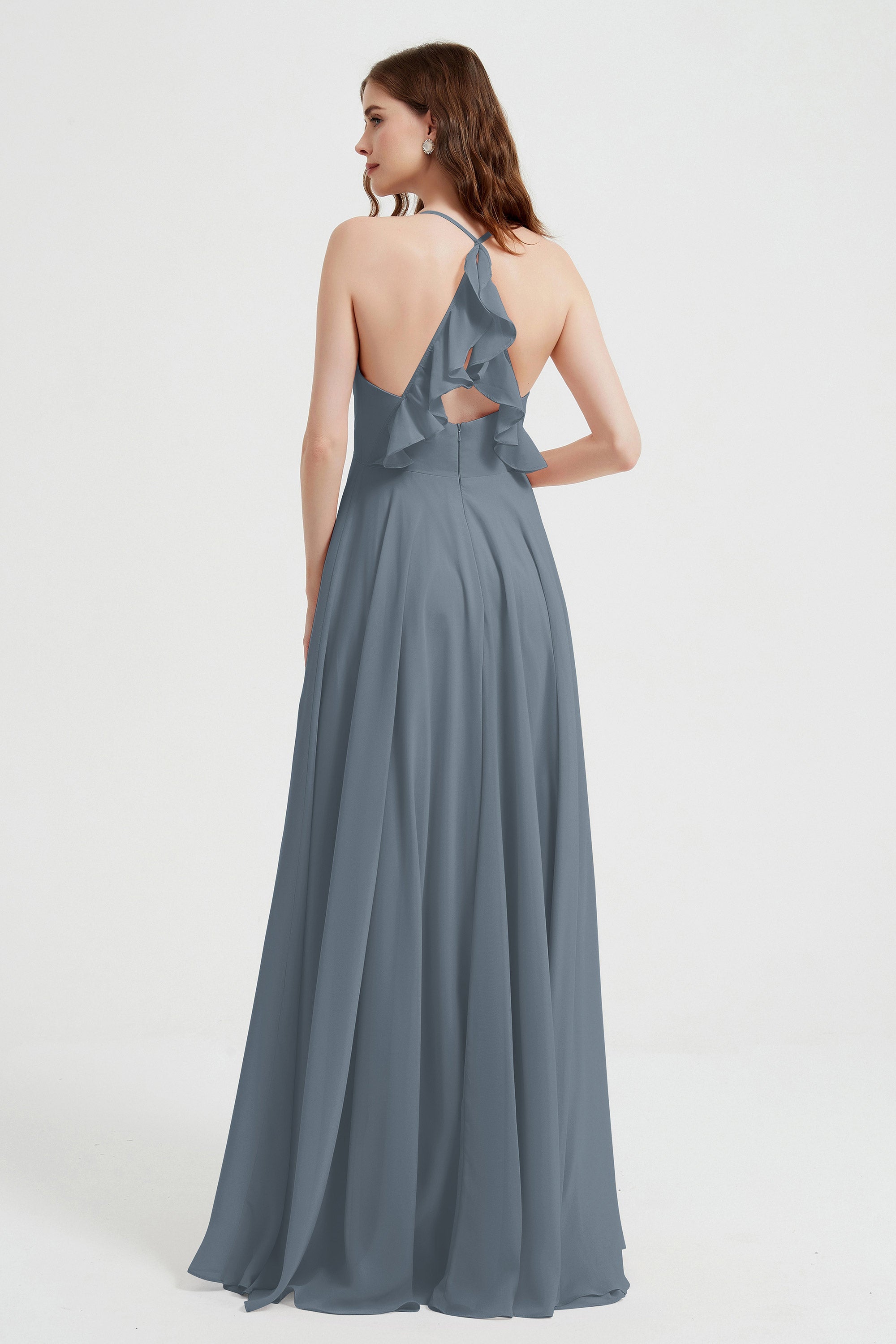 Crossed Straps Chiffon A Line Bridesmaid Dress Pleated Ruffle Formal Evening Dresses Gowns