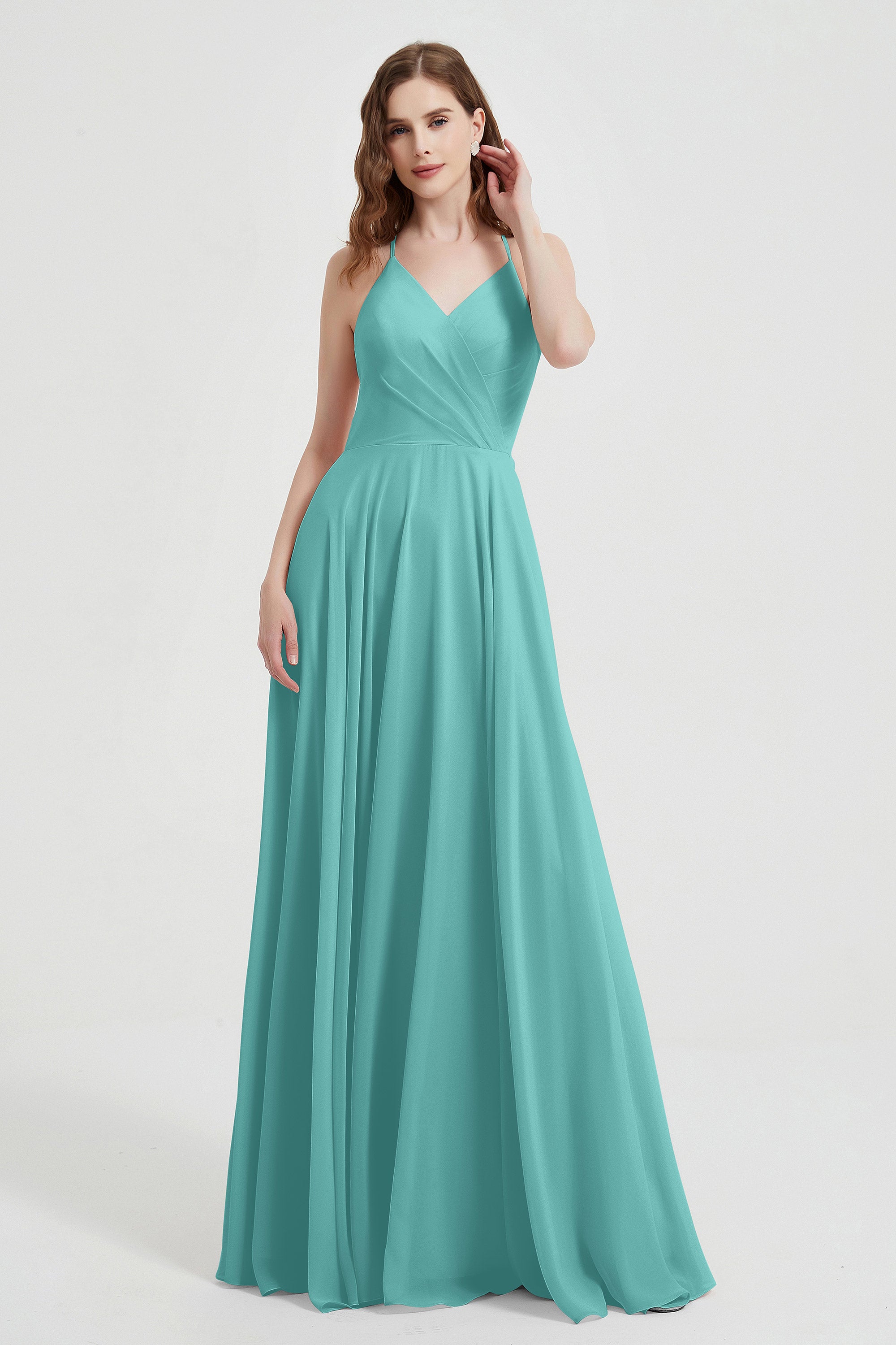 Crossed Straps Chiffon A Line Bridesmaid Dress Pleated Ruffle Formal Evening Dresses Gowns