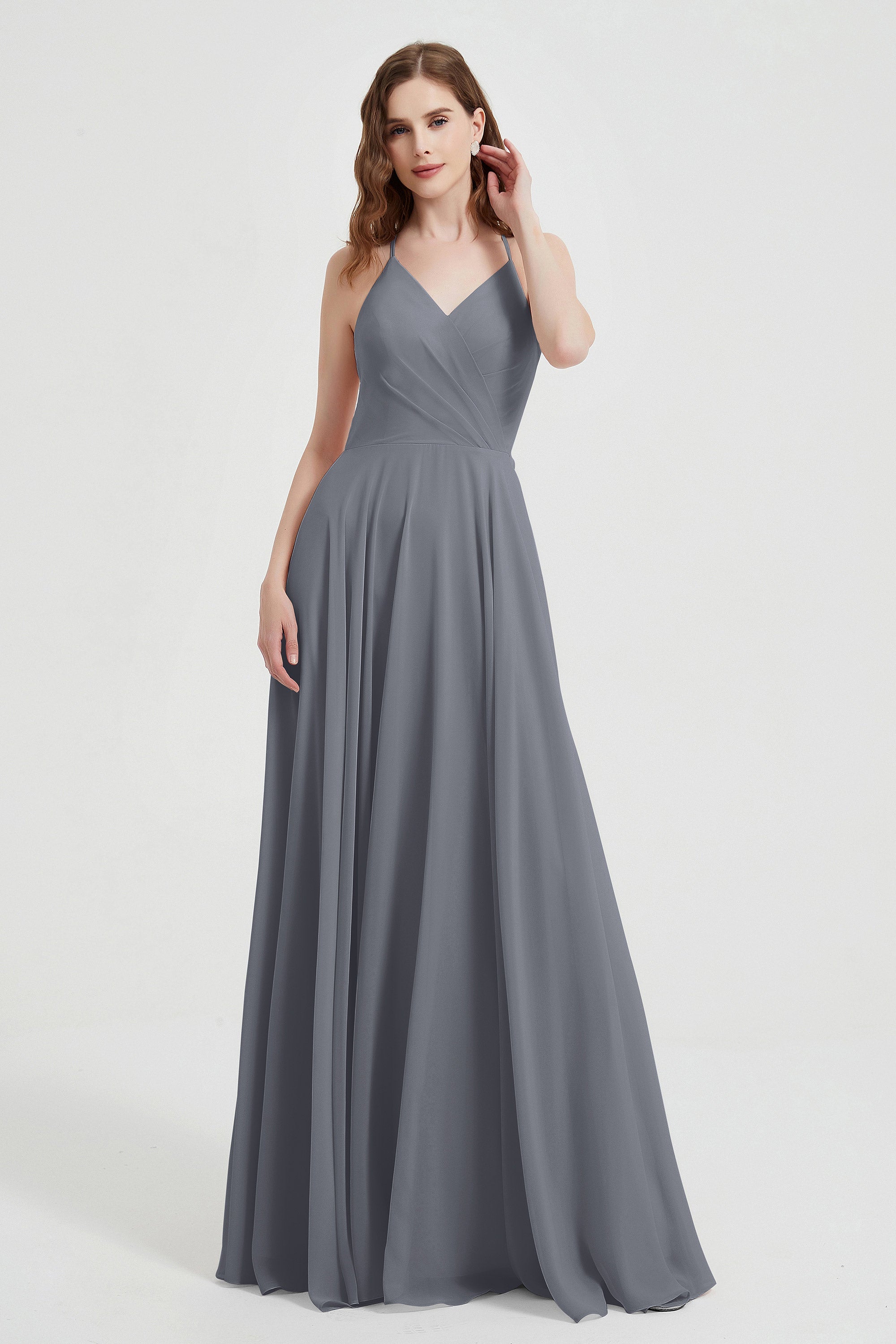 Crossed Straps Chiffon A Line Bridesmaid Dress Pleated Ruffle Formal Evening Dresses Gowns