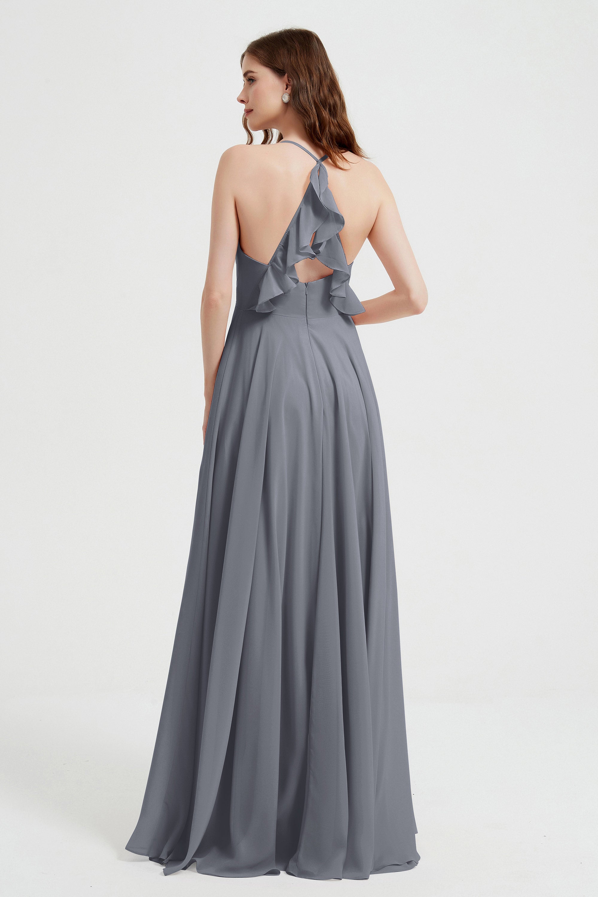 Crossed Straps Chiffon A Line Bridesmaid Dress Pleated Ruffle Formal Evening Dresses Gowns