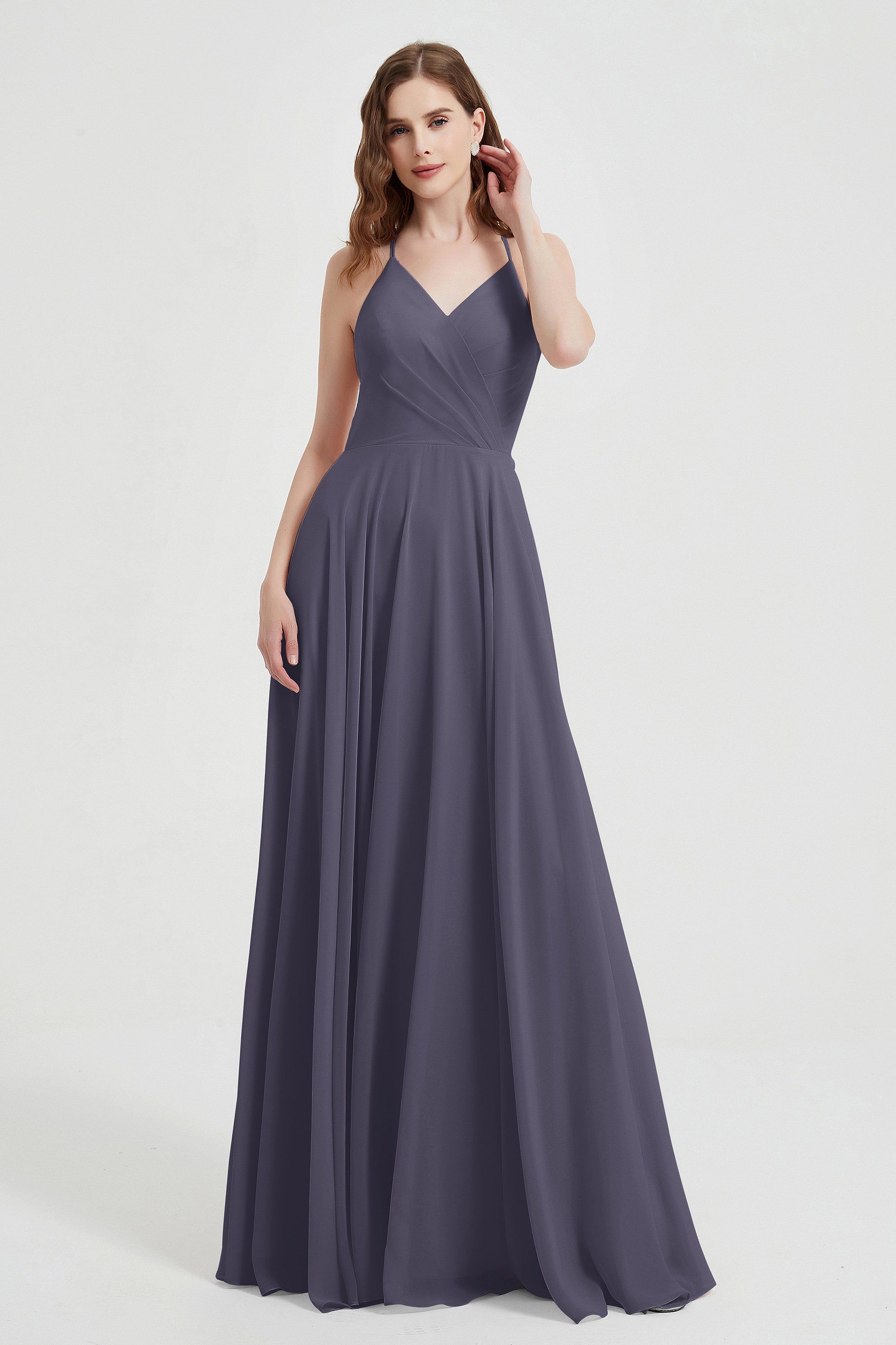 Crossed Straps Chiffon A Line Bridesmaid Dress Pleated Ruffle Formal Evening Dresses Gowns