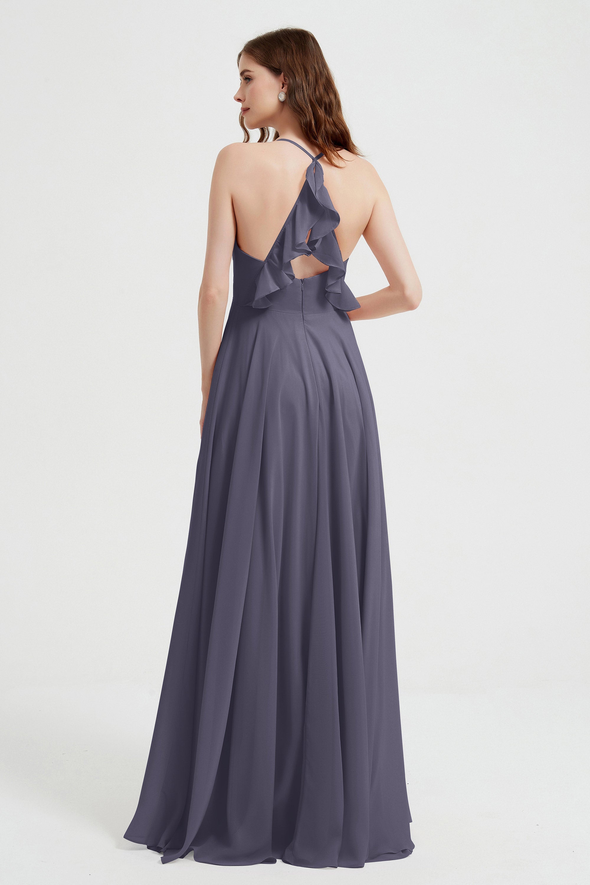 Crossed Straps Chiffon A Line Bridesmaid Dress Pleated Ruffle Formal Evening Dresses Gowns