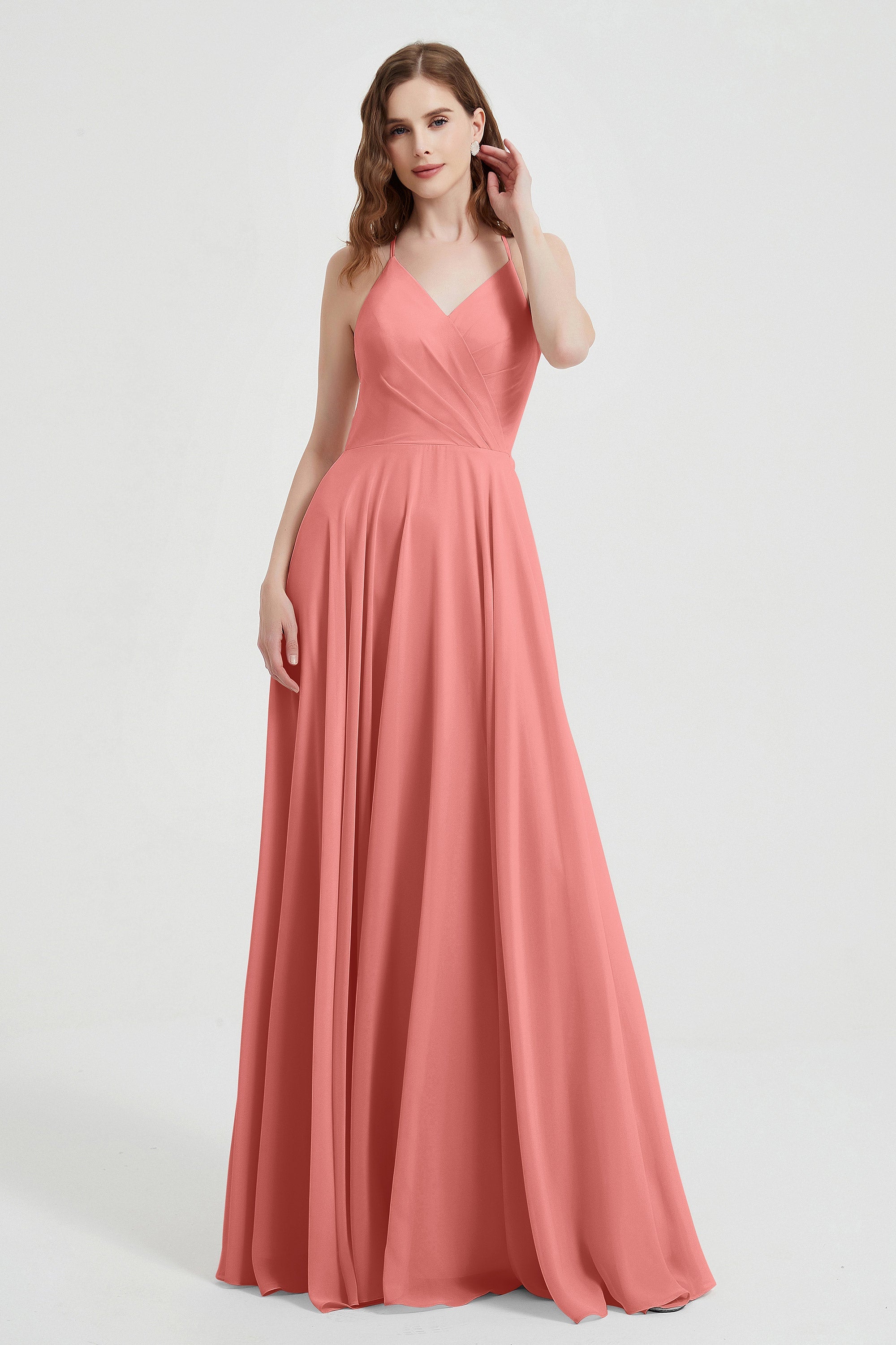 Crossed Straps Chiffon A Line Bridesmaid Dress Pleated Ruffle Formal Evening Dresses Gowns
