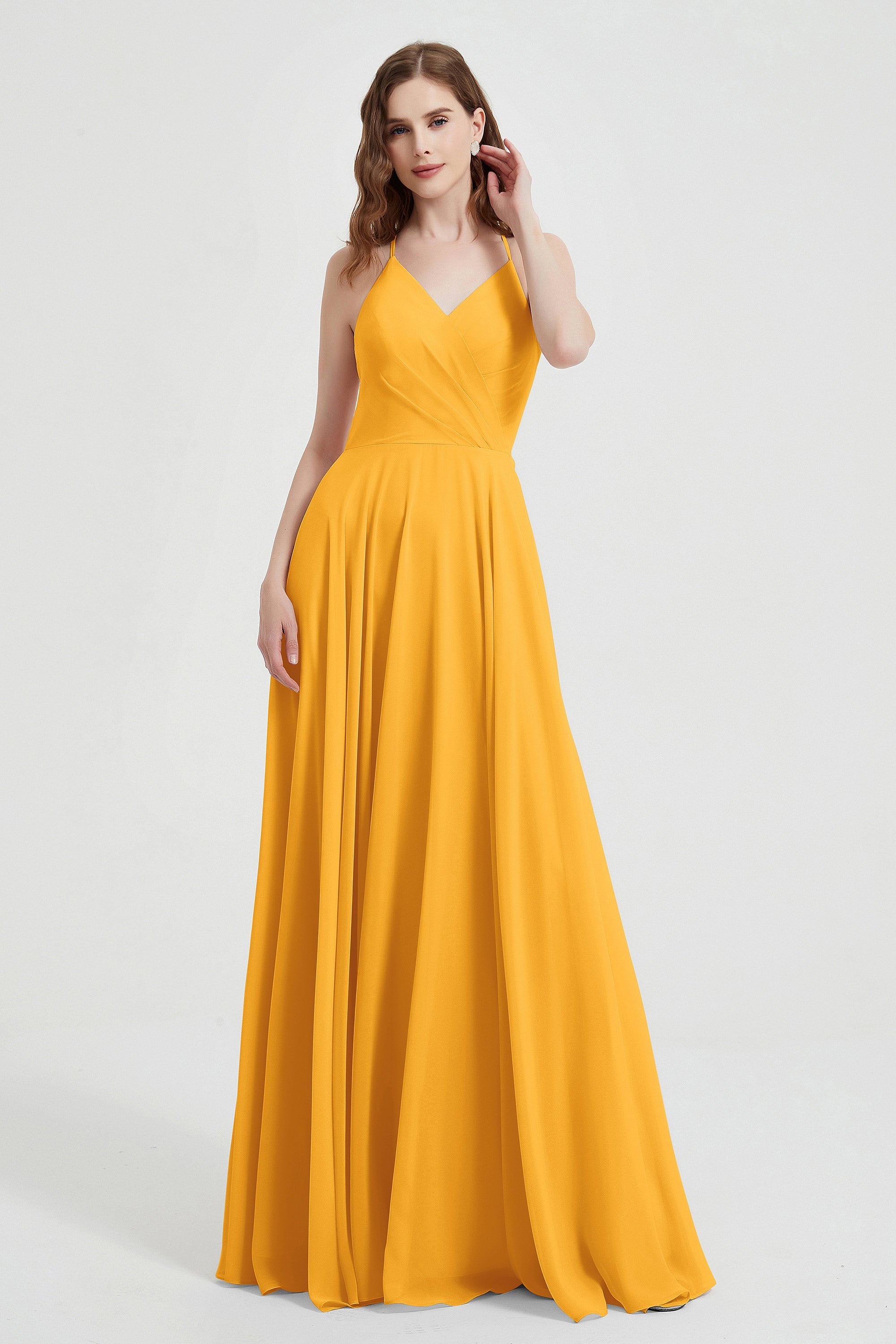 Crossed Straps Chiffon A Line Bridesmaid Dress Pleated Ruffle Formal Evening Dresses Gowns