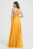 Crossed Straps Chiffon A Line Bridesmaid Dress Pleated Ruffle Formal Evening Dresses Gowns