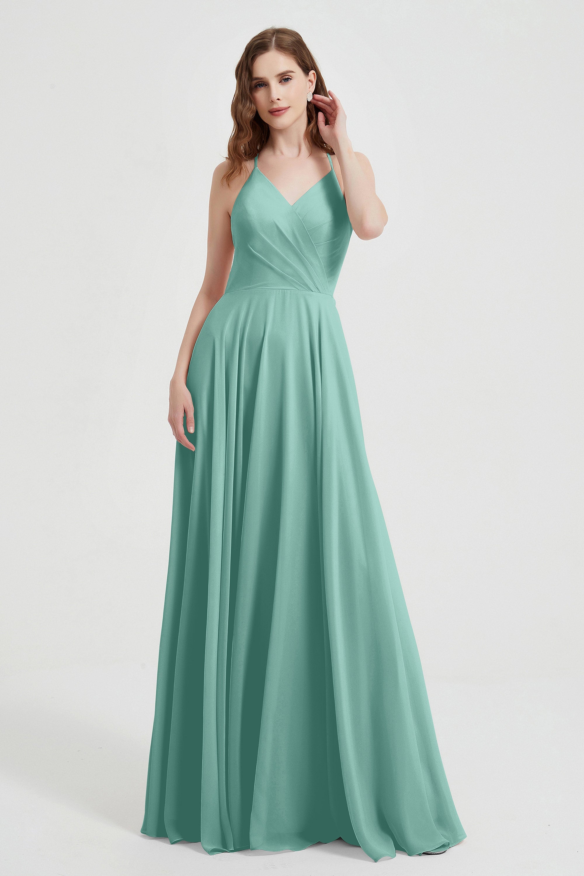 Crossed Straps Chiffon A Line Bridesmaid Dress Pleated Ruffle Formal Evening Dresses Gowns
