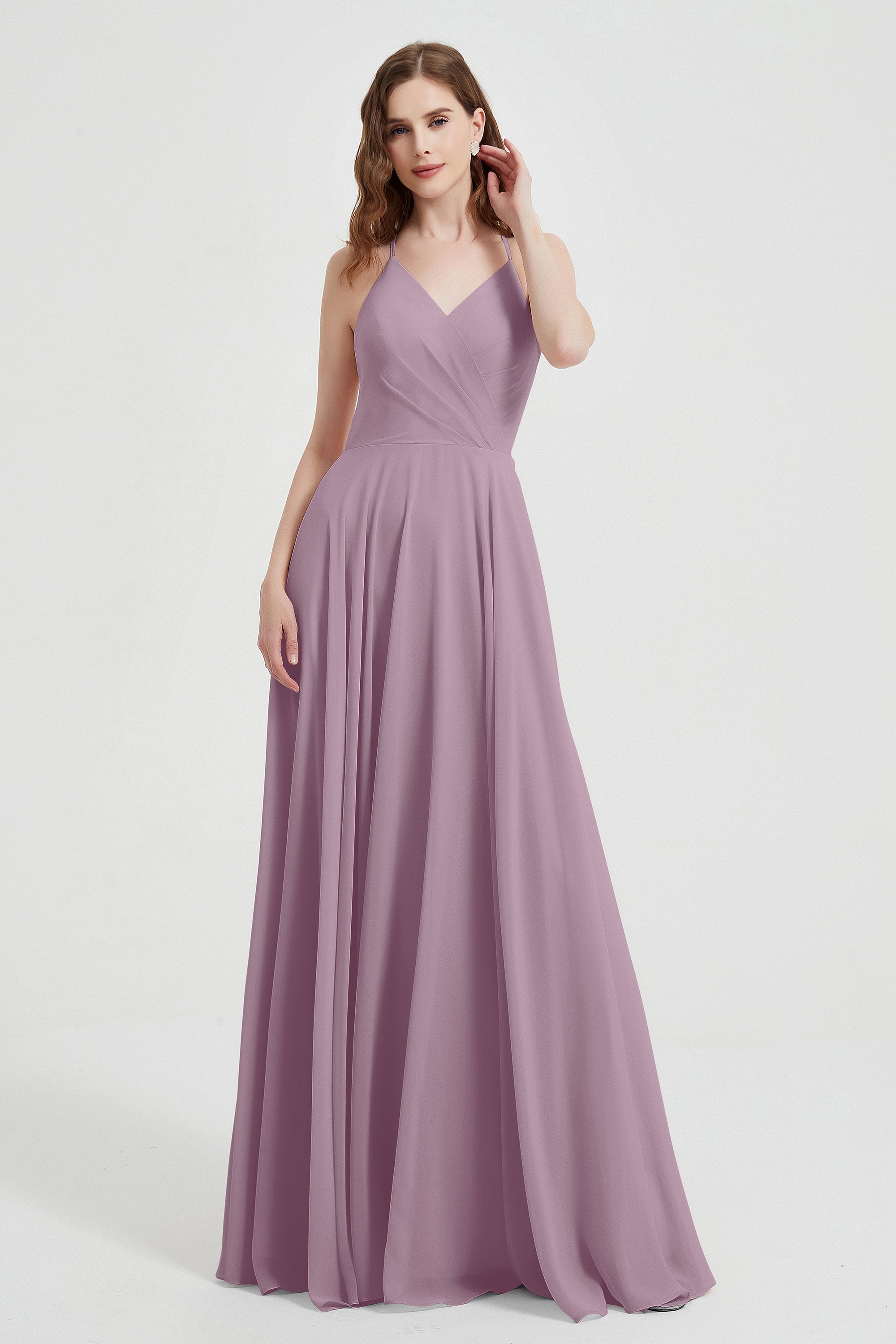 Crossed Straps Chiffon A Line Bridesmaid Dress Pleated Ruffle Formal Evening Dresses Gowns