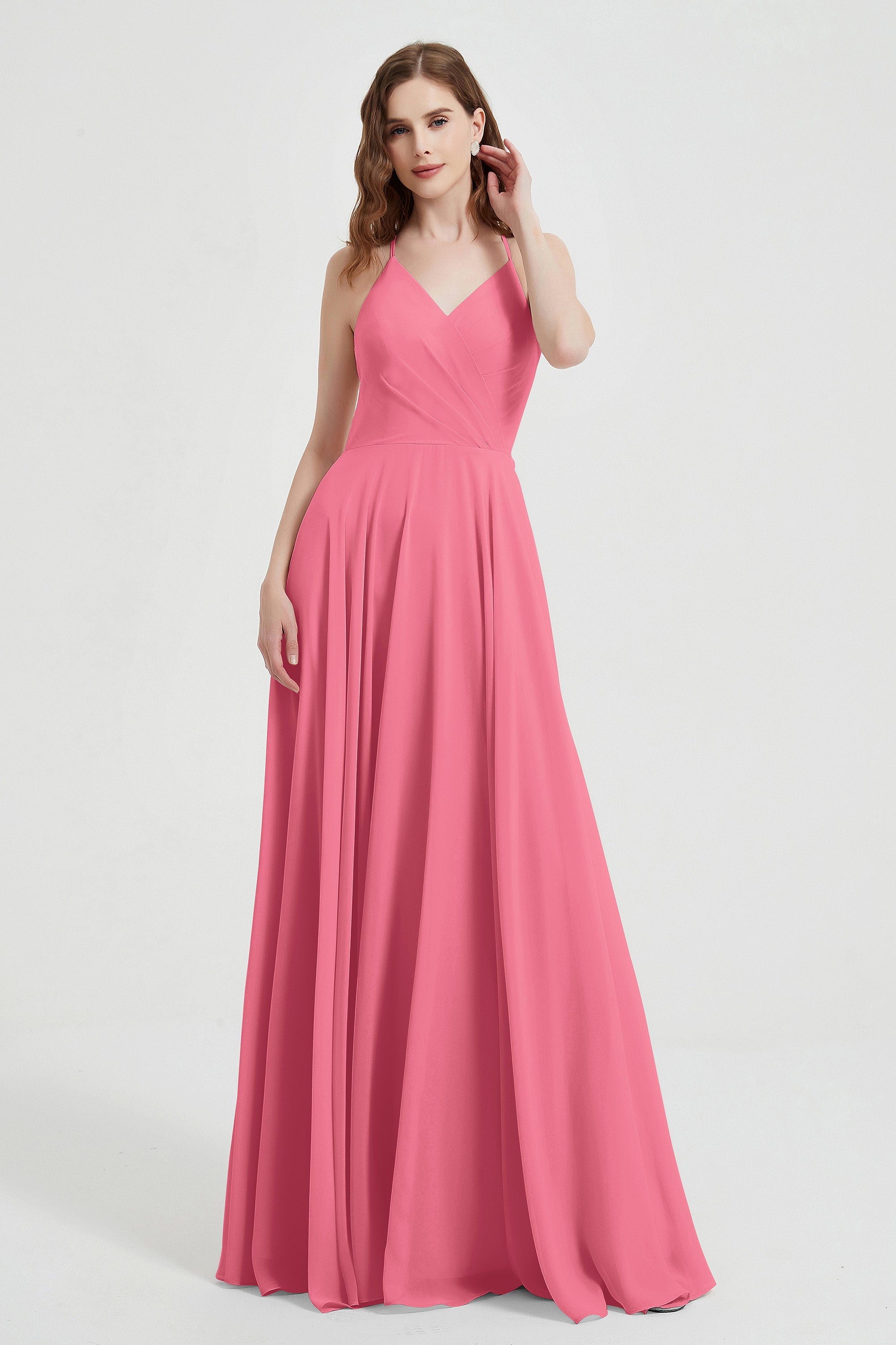 Crossed Straps Chiffon A Line Bridesmaid Dress Pleated Ruffle Formal Evening Dresses Gowns