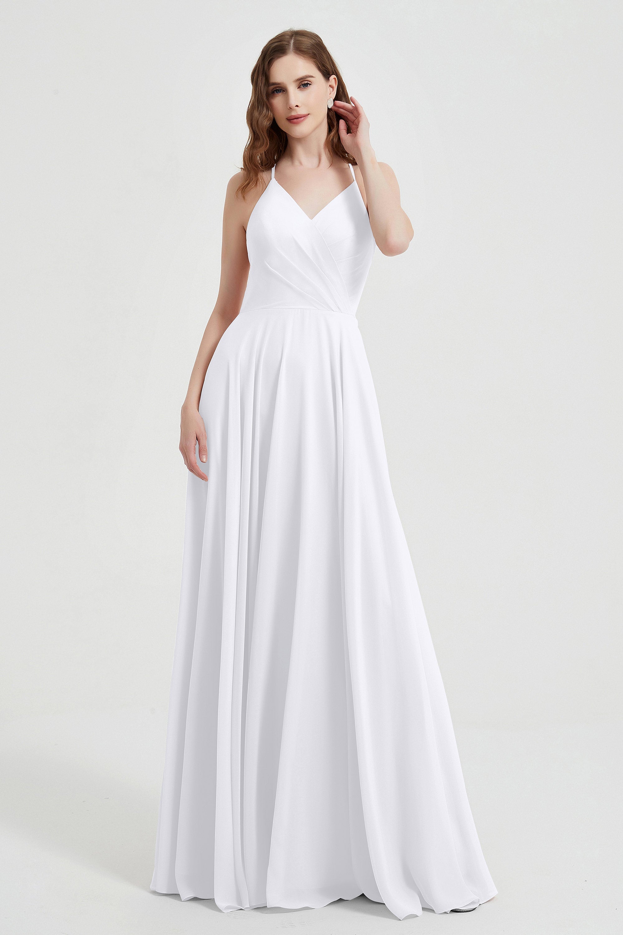 Crossed Straps Chiffon A Line Bridesmaid Dress Pleated Ruffle Formal Evening Dresses Gowns