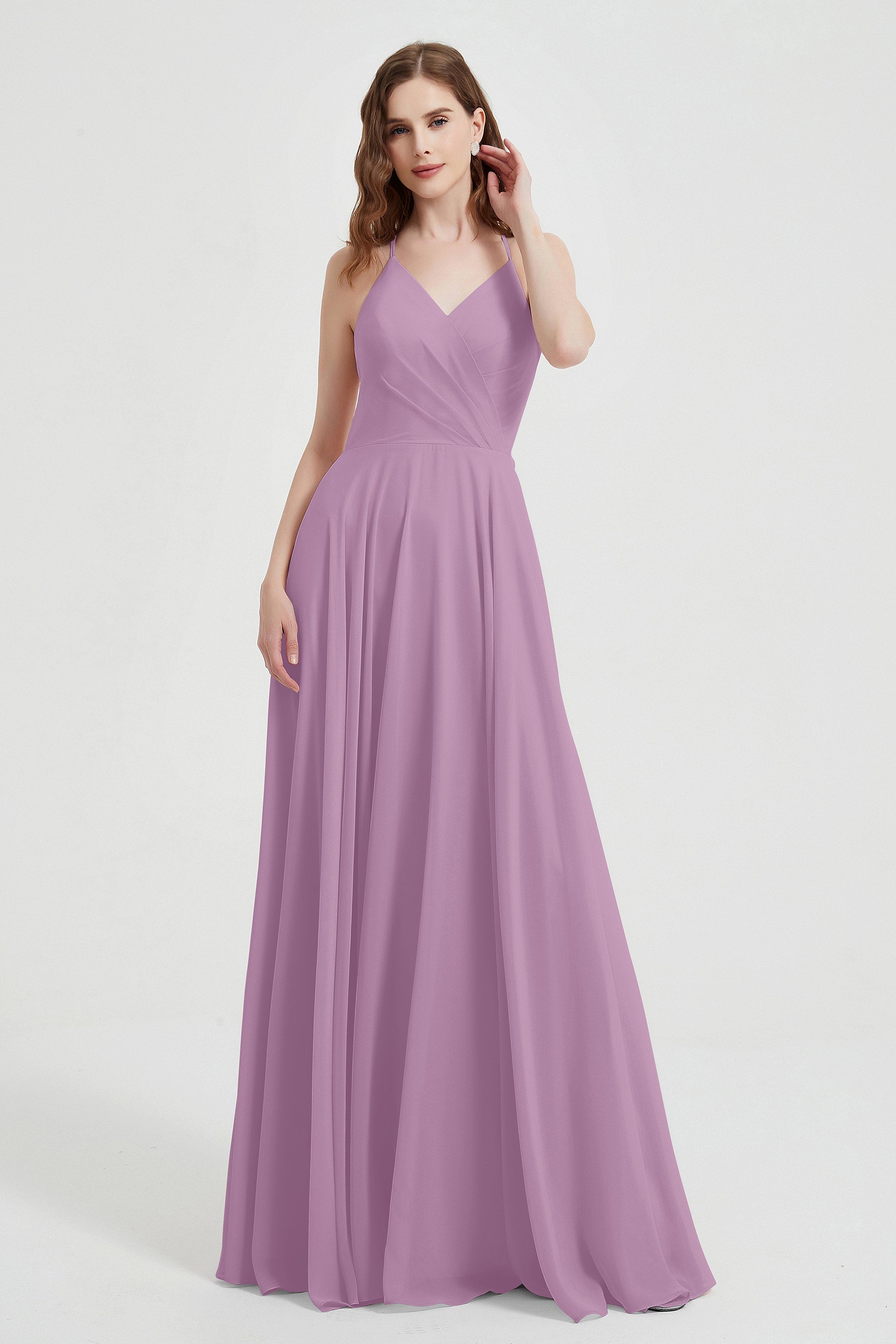 Crossed Straps Chiffon A Line Bridesmaid Dress Pleated Ruffle Formal Evening Dresses Gowns