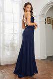 Crossed Straps Satin Sheath Long Formal Evening Dresses with Slit Prom Party Gowns