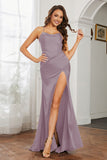 Crossed Straps Satin Sheath Long Formal Evening Dresses with Slit Prom Party Gowns