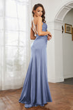 Crossed Straps Satin Sheath Long Formal Evening Dresses with Slit Prom Party Gowns