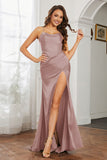 Crossed Straps Satin Sheath Long Formal Evening Dresses with Slit Prom Party Gowns