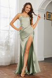 Crossed Straps Satin Sheath Long Formal Evening Dresses with Slit Prom Party Gowns