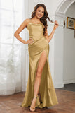 Crossed Straps Satin Sheath Long Formal Evening Dresses with Slit Prom Party Gowns