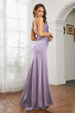 Crossed Straps Satin Sheath Long Formal Evening Dresses with Slit Prom Party Gowns
