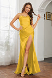 Crossed Straps Satin Sheath Long Formal Evening Dresses with Slit Prom Party Gowns