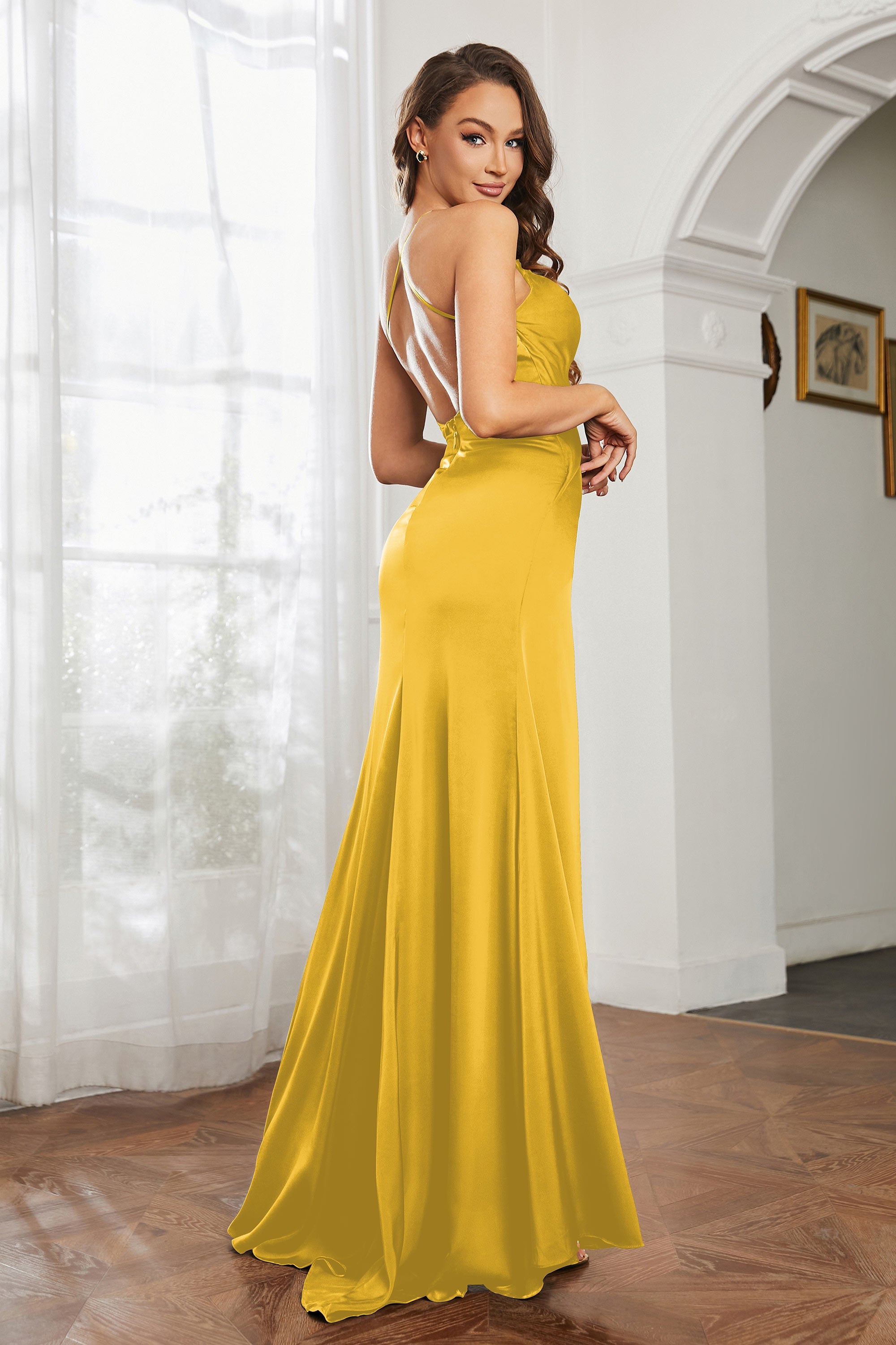 Crossed Straps Satin Sheath Long Formal Evening Dresses with Slit Prom Party Gowns