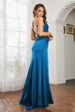 Crossed Straps Satin Sheath Long Formal Evening Dresses with Slit Prom Party Gowns