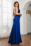 Crossed Straps Satin Sheath Long Formal Evening Dresses with Slit Prom Party Gowns