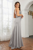 Crossed Straps Satin Sheath Long Formal Evening Dresses with Slit Prom Party Gowns