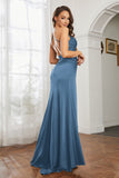Crossed Straps Satin Sheath Long Formal Evening Dresses with Slit Prom Party Gowns