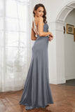 Crossed Straps Satin Sheath Long Formal Evening Dresses with Slit Prom Party Gowns