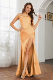 Crossed Straps Satin Sheath Long Formal Evening Dresses with Slit Prom Party Gowns