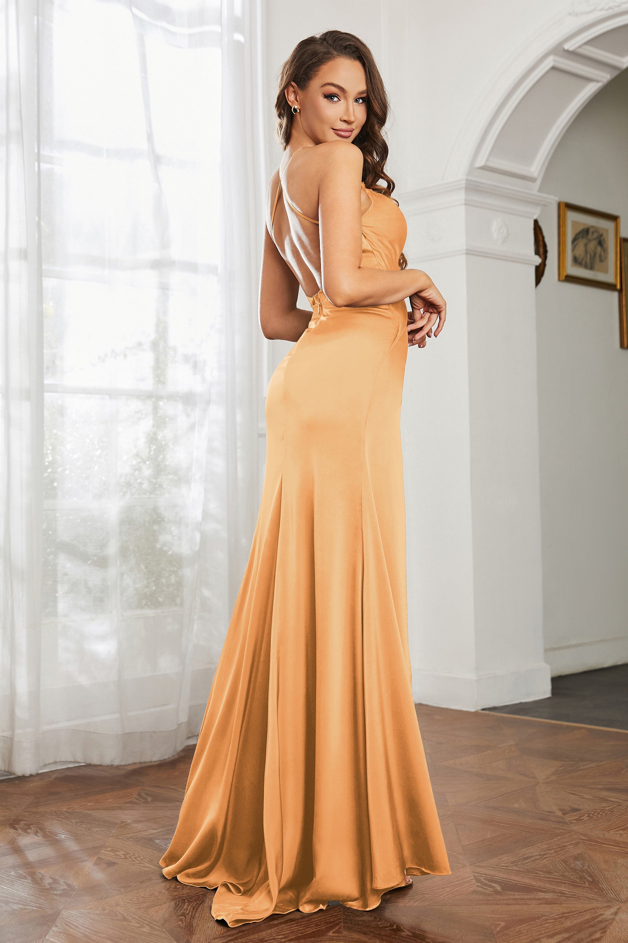 Crossed Straps Satin Sheath Long Formal Evening Dresses with Slit Prom Party Gowns