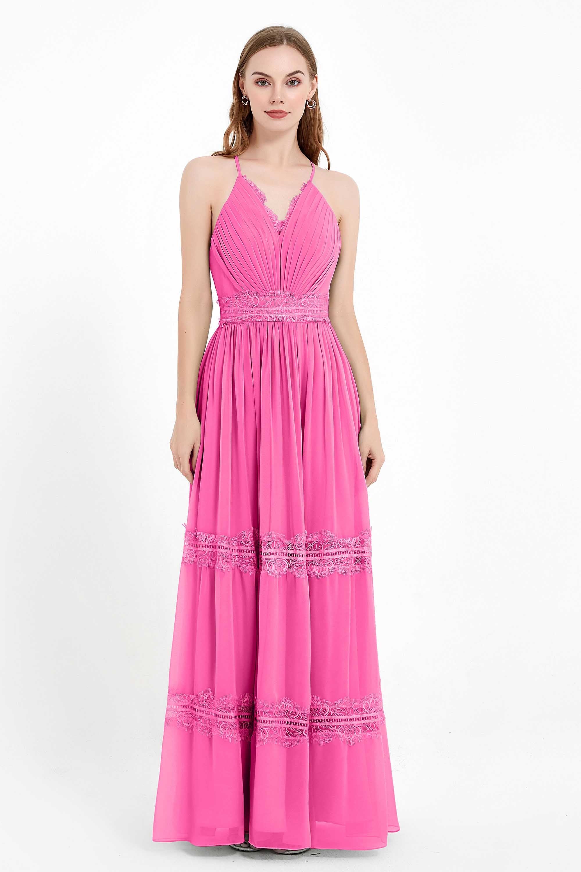 Spaghetti Straps V Neckline Chiffon Lace Bridesmaid Dresses Women's Formal Evening Gowns