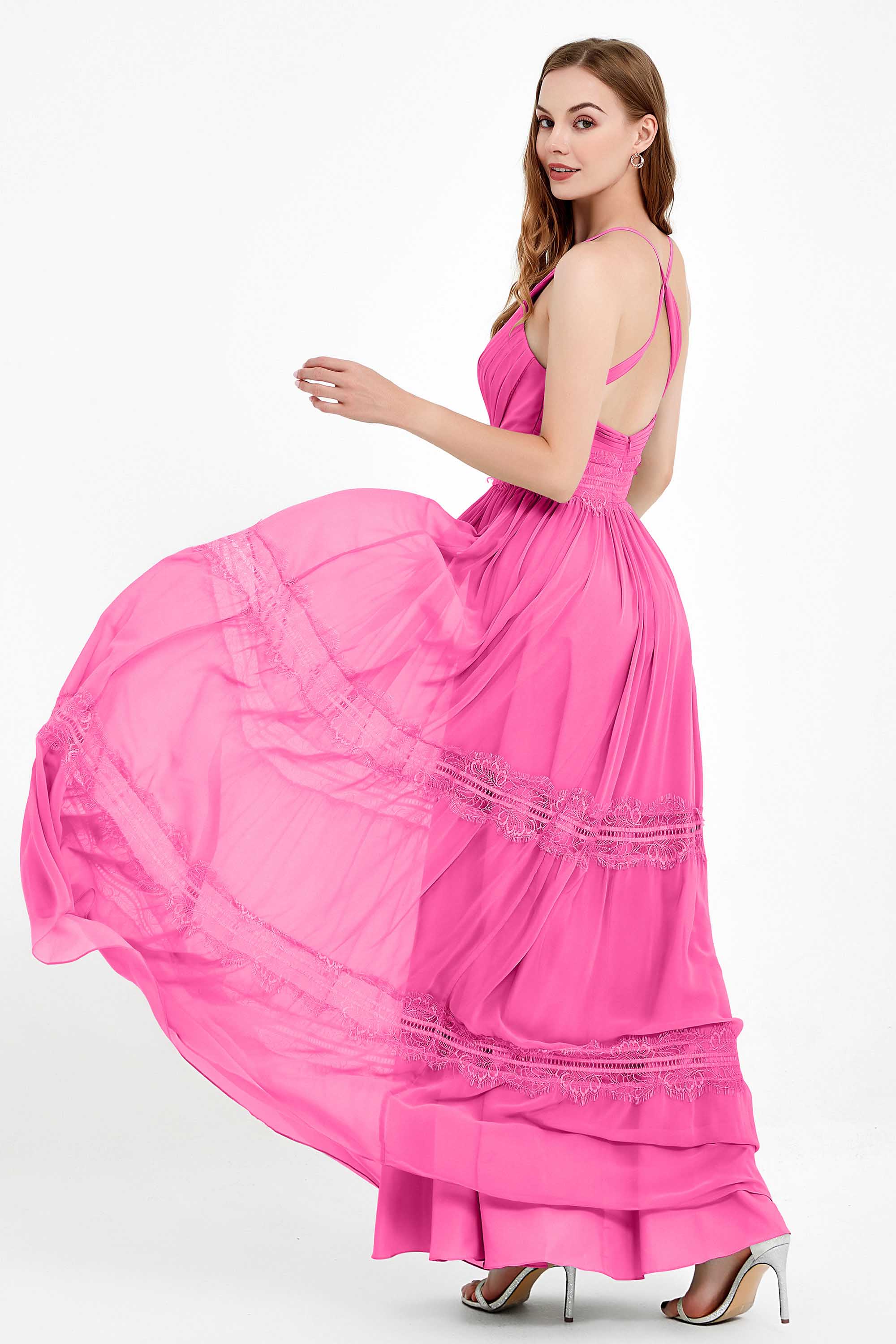 Spaghetti Straps V Neckline Chiffon Lace Bridesmaid Dresses Women's Formal Evening Gowns