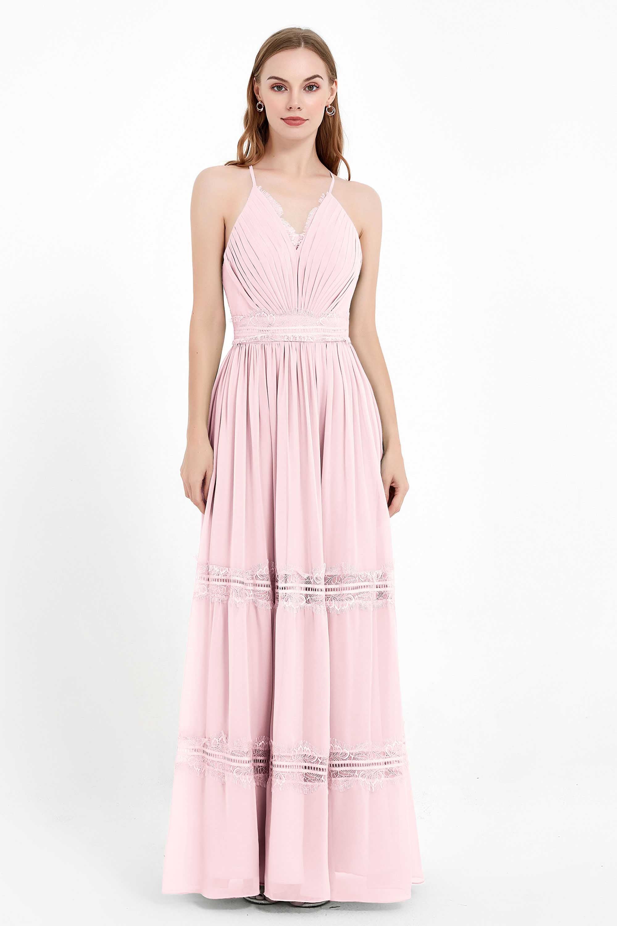 Spaghetti Straps V Neckline Chiffon Lace Bridesmaid Dresses Women's Formal Evening Gowns