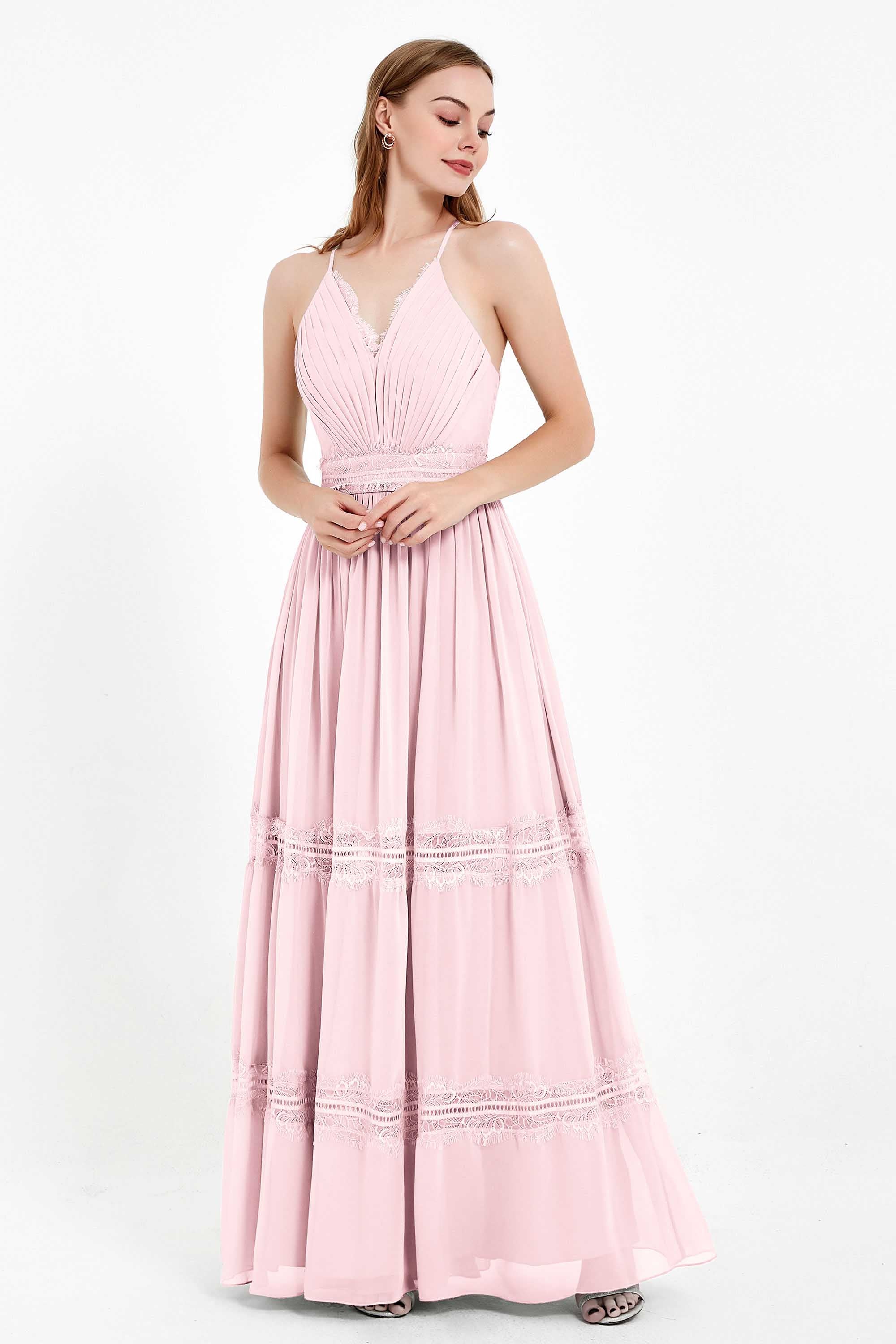 Spaghetti Straps V Neckline Chiffon Lace Bridesmaid Dresses Women's Formal Evening Gowns