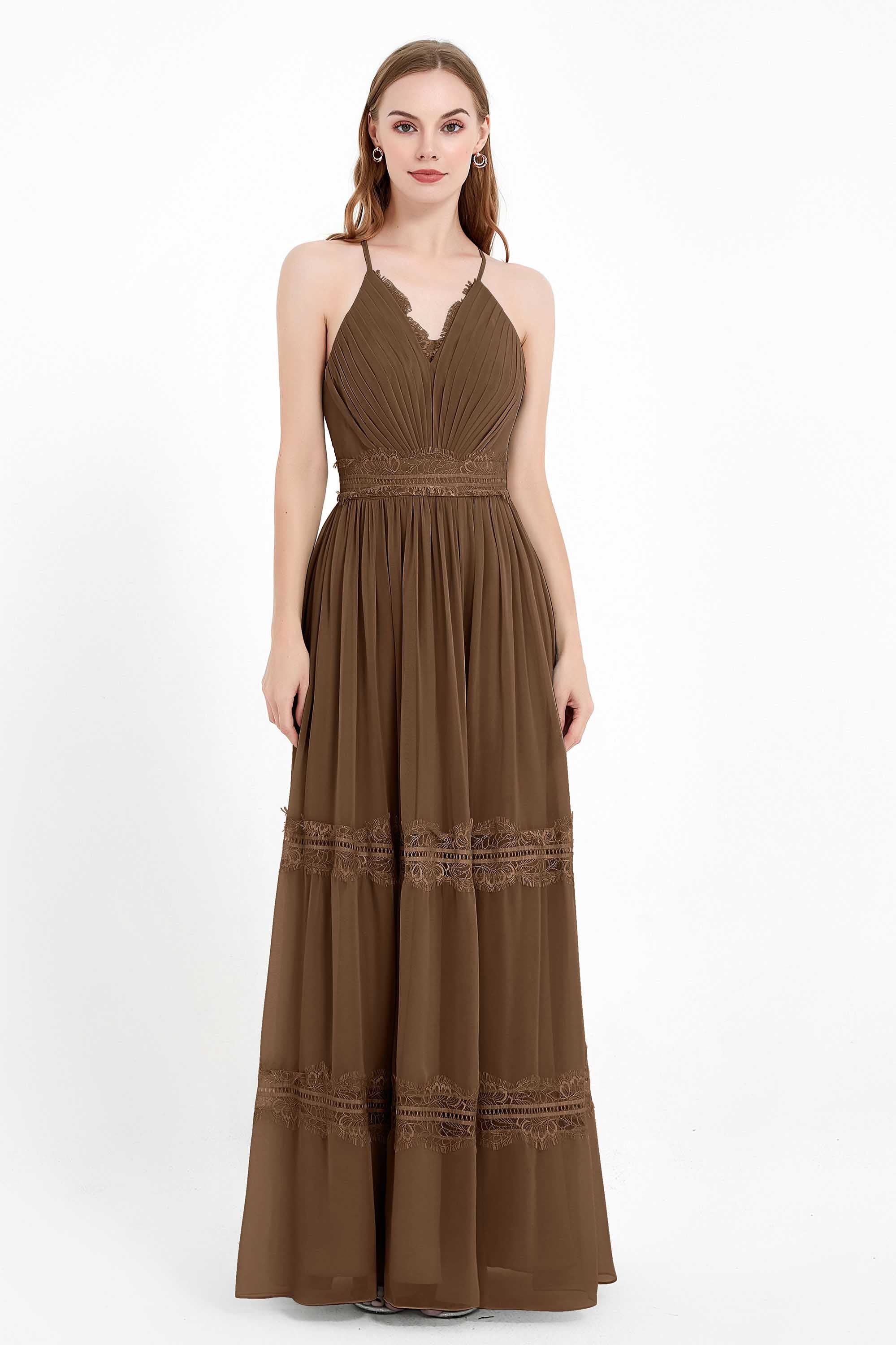 Spaghetti Straps V Neckline Chiffon Lace Bridesmaid Dresses Women's Formal Evening Gowns