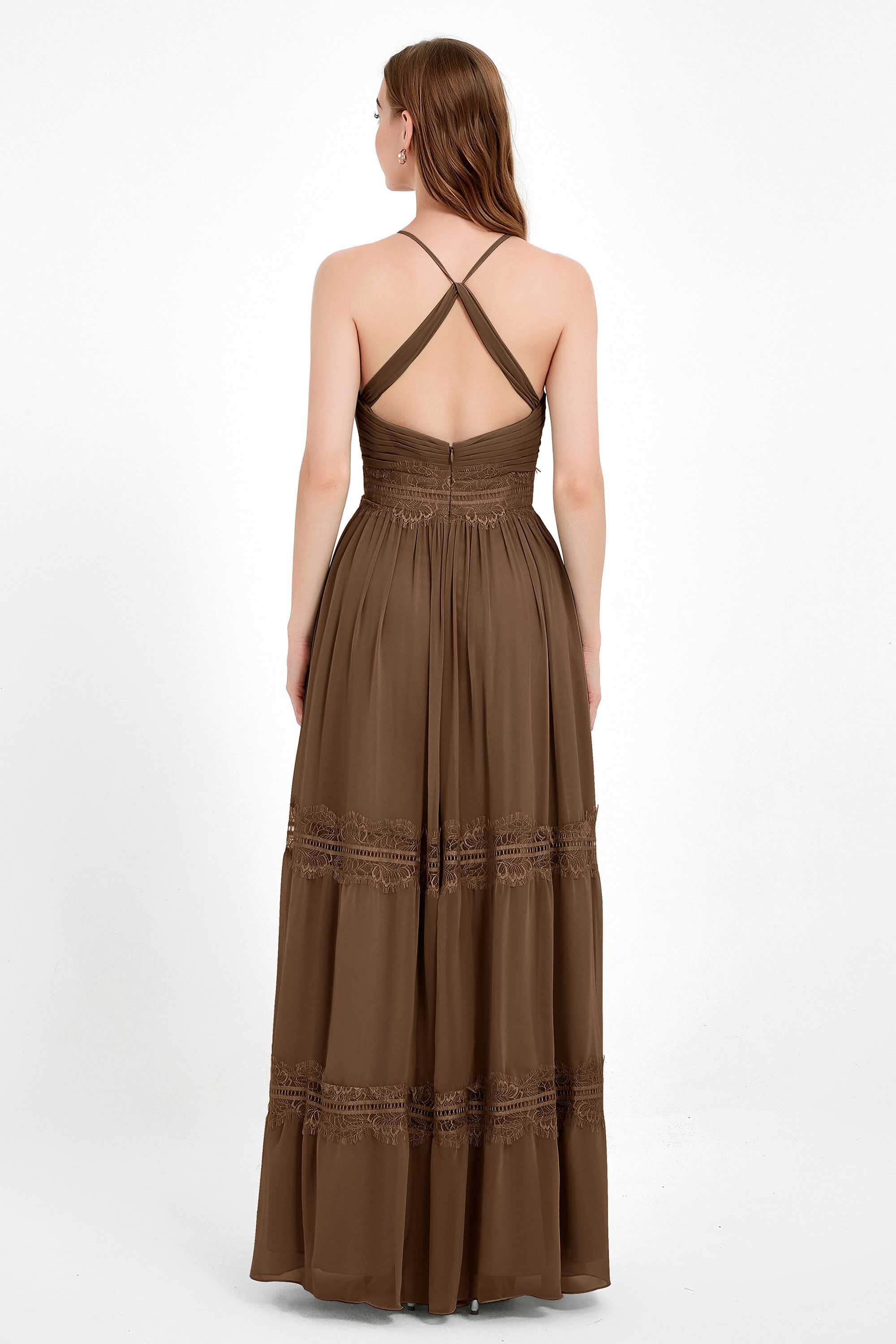 Spaghetti Straps V Neckline Chiffon Lace Bridesmaid Dresses Women's Formal Evening Gowns