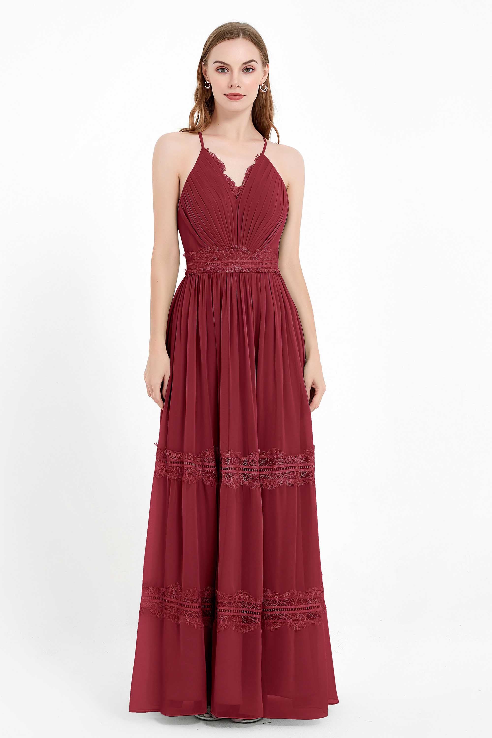 Spaghetti Straps V Neckline Chiffon Lace Bridesmaid Dresses Women's Formal Evening Gowns