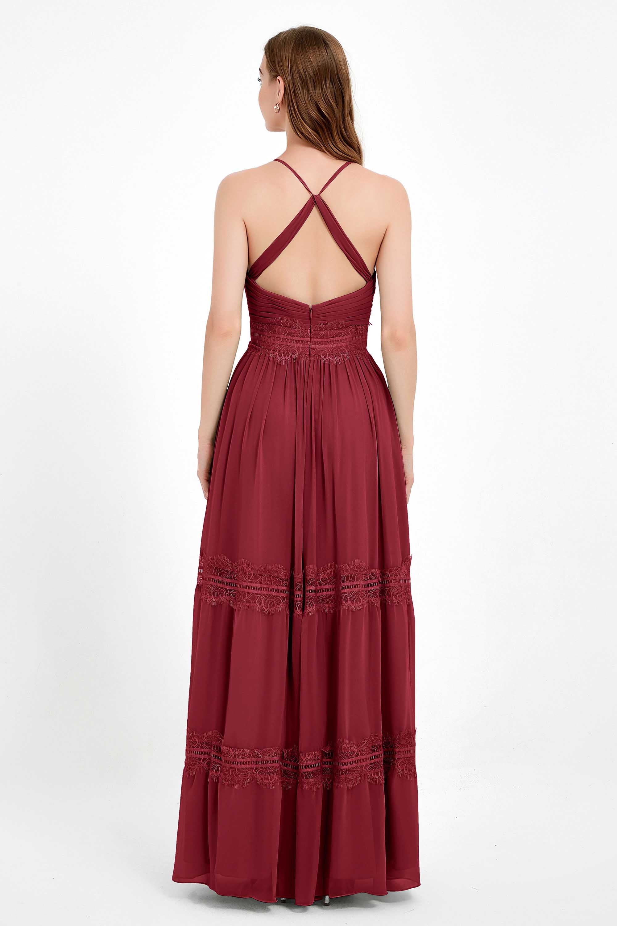 Spaghetti Straps V Neckline Chiffon Lace Bridesmaid Dresses Women's Formal Evening Gowns
