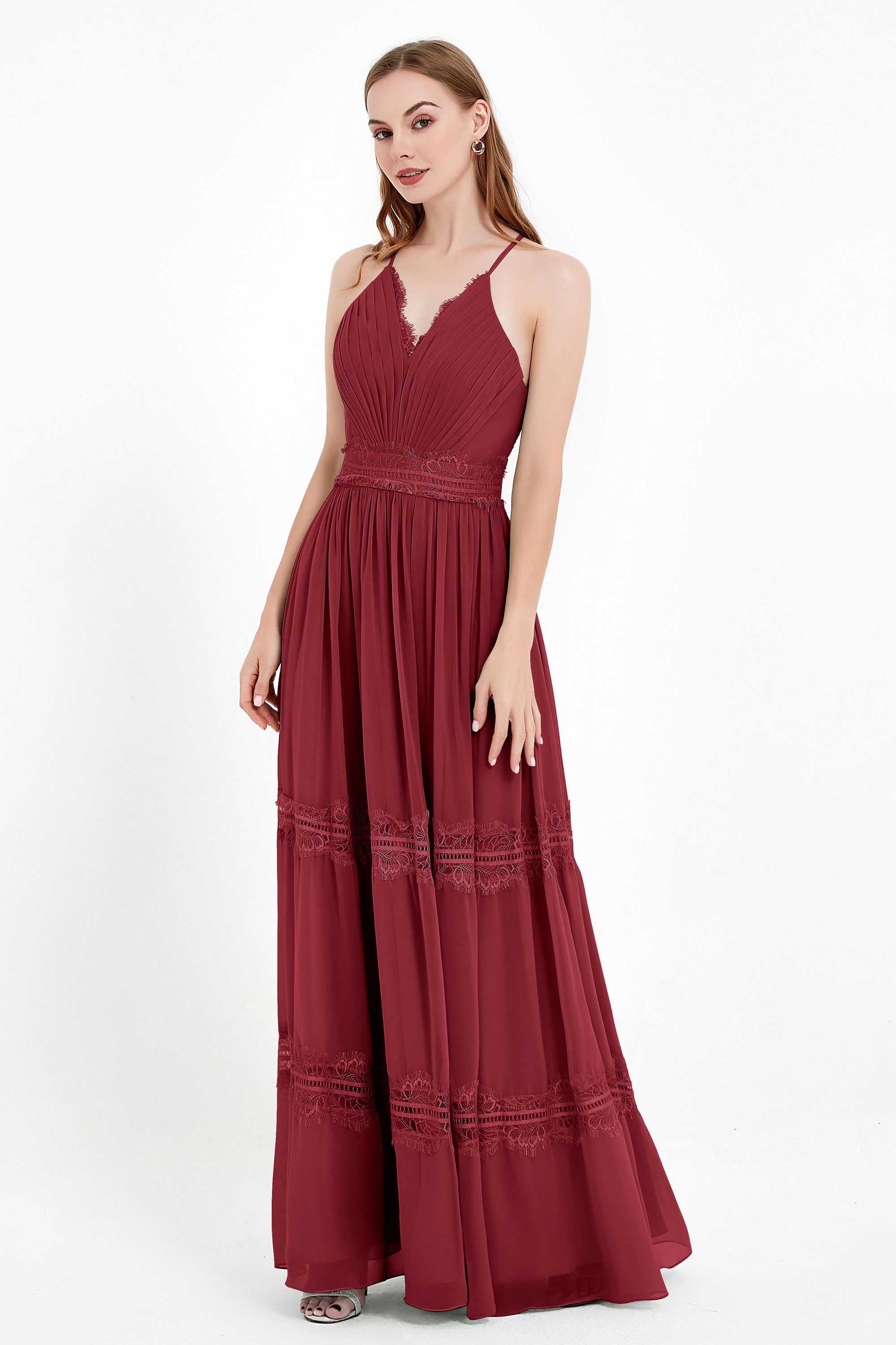 Spaghetti Straps V Neckline Chiffon Lace Bridesmaid Dresses Women's Formal Evening Gowns