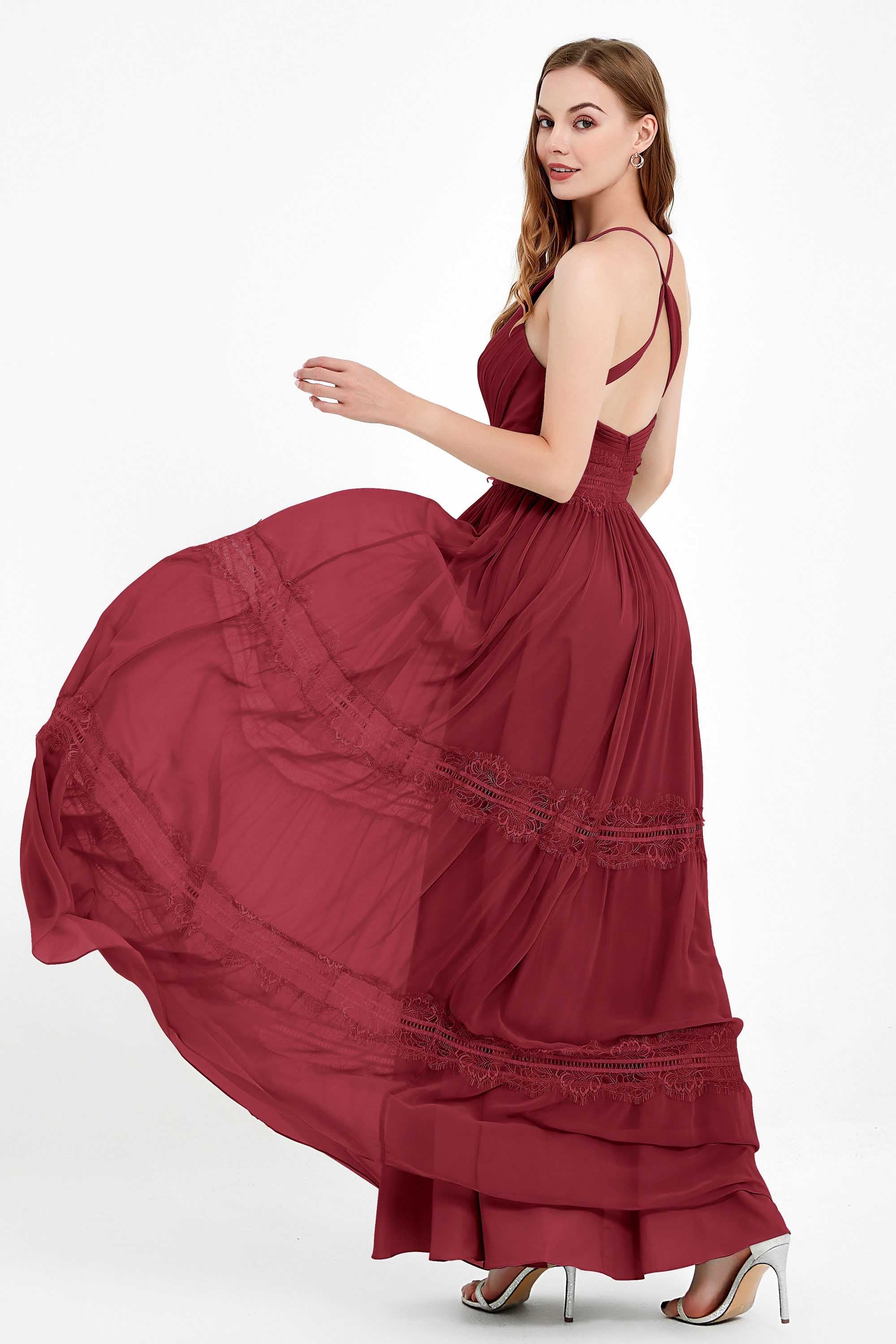 Spaghetti Straps V Neckline Chiffon Lace Bridesmaid Dresses Women's Formal Evening Gowns