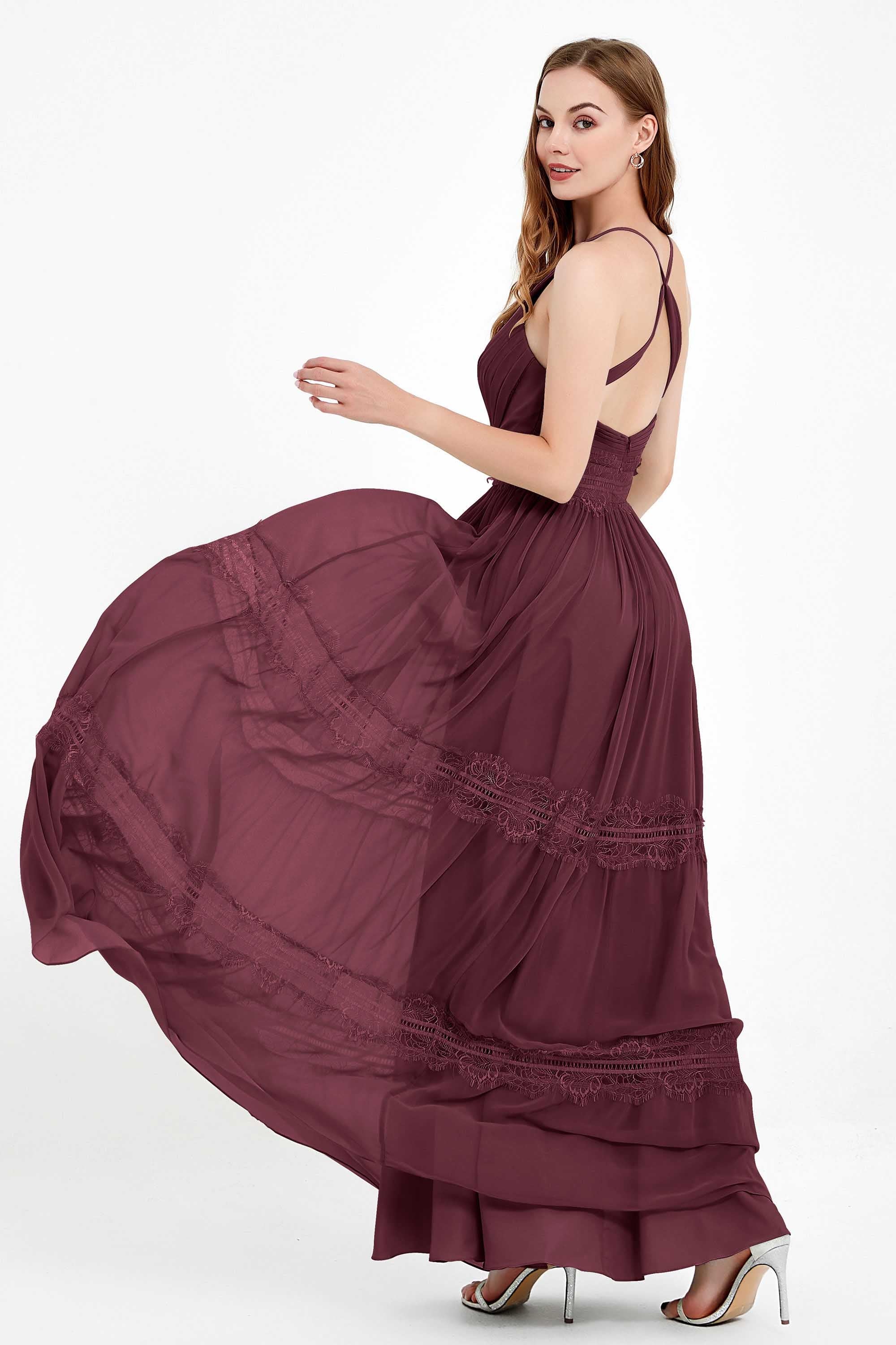 Spaghetti Straps V Neckline Chiffon Lace Bridesmaid Dresses Women's Formal Evening Gowns