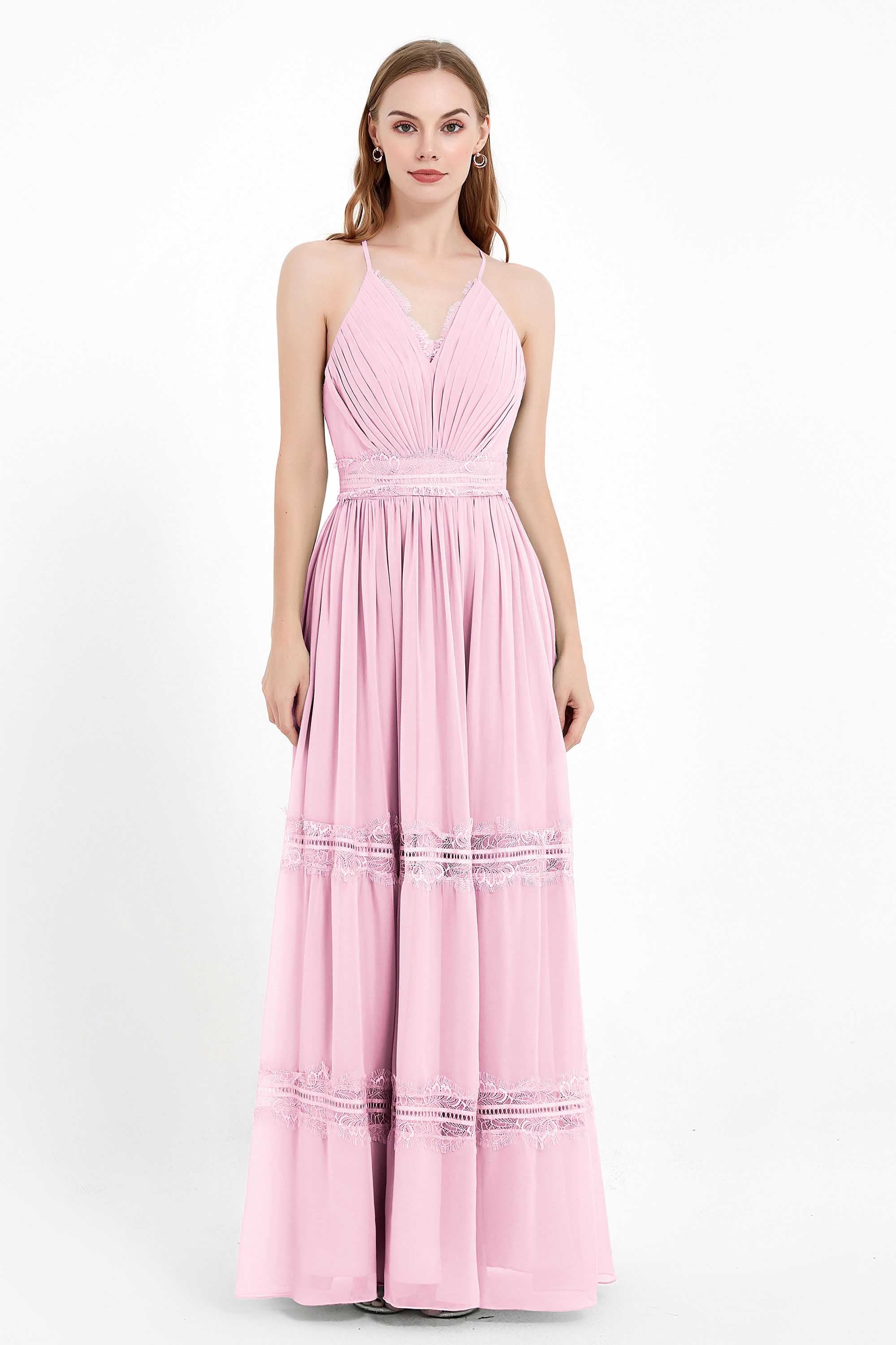 Spaghetti Straps V Neckline Chiffon Lace Bridesmaid Dresses Women's Formal Evening Gowns