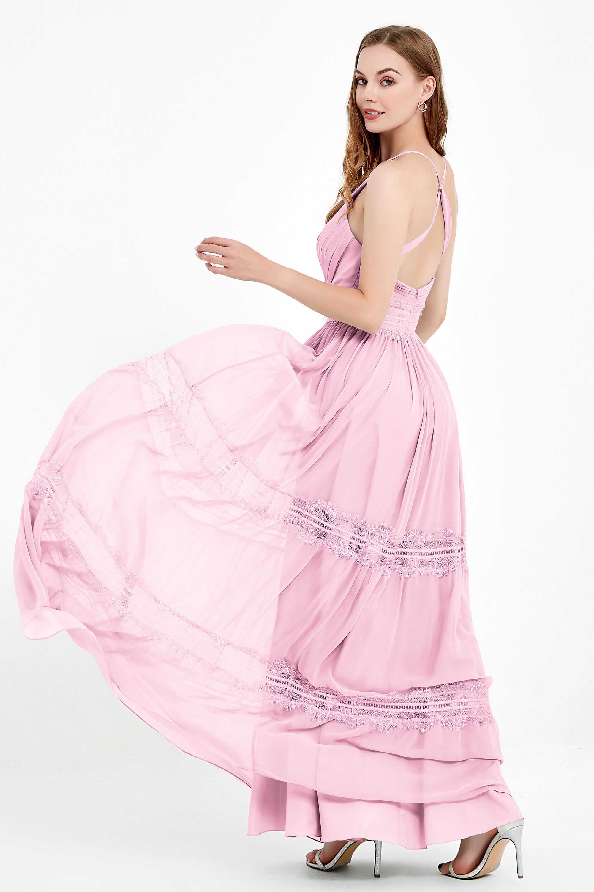 Spaghetti Straps V Neckline Chiffon Lace Bridesmaid Dresses Women's Formal Evening Gowns