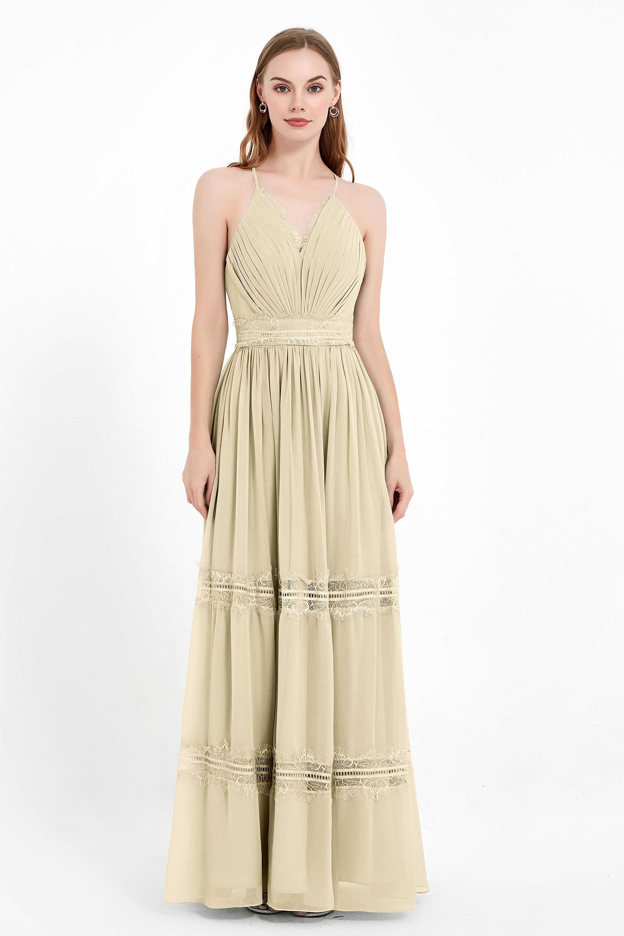 Spaghetti Straps V Neckline Chiffon Lace Bridesmaid Dresses Women's Formal Evening Gowns