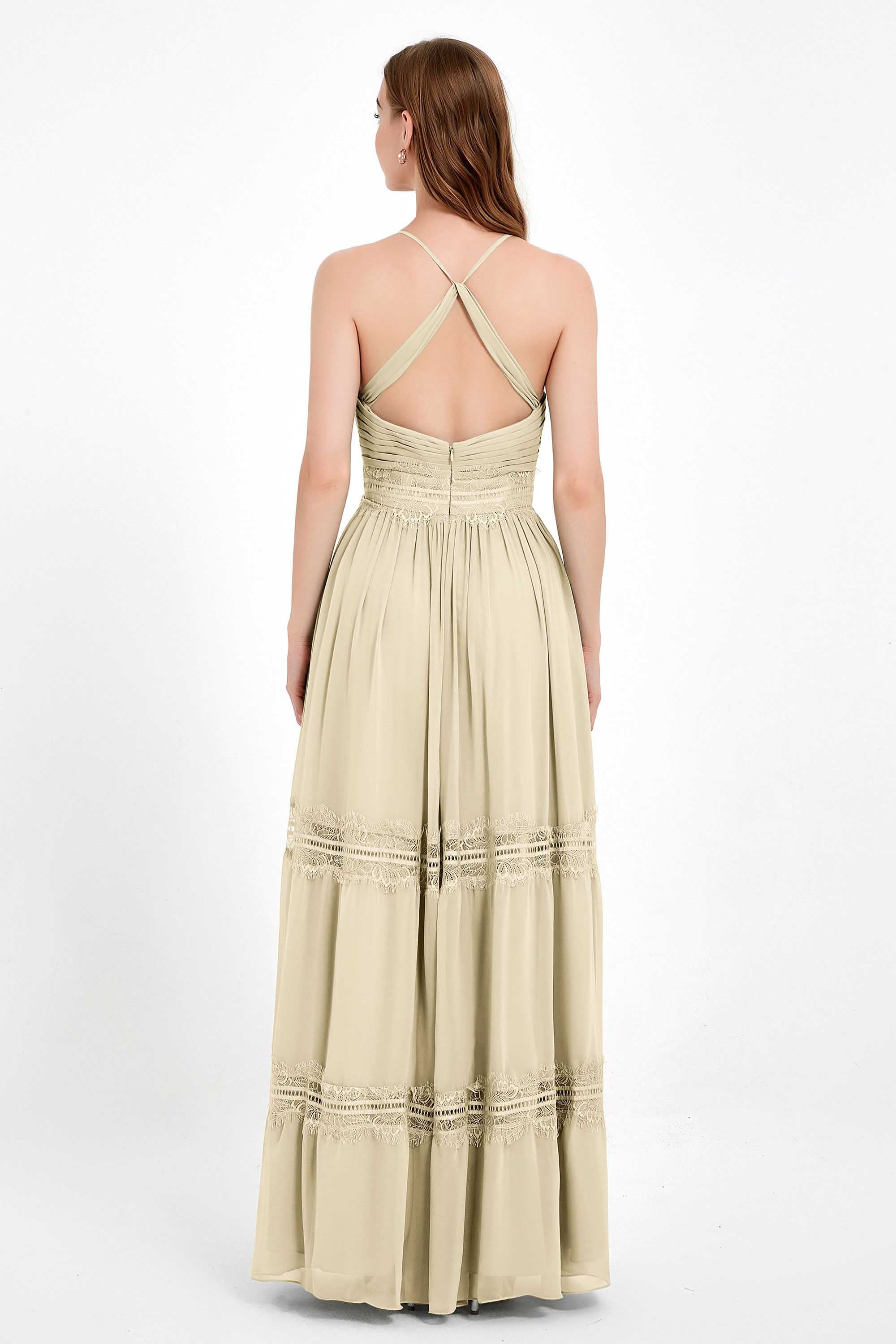 Spaghetti Straps V Neckline Chiffon Lace Bridesmaid Dresses Women's Formal Evening Gowns