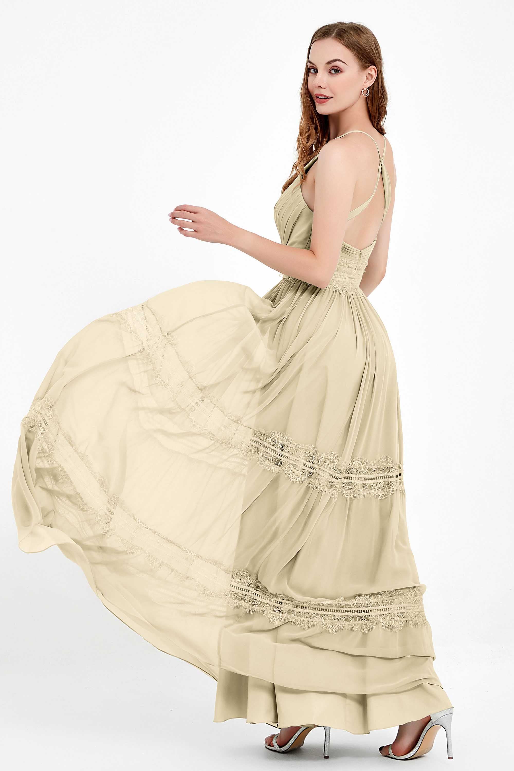 Spaghetti Straps V Neckline Chiffon Lace Bridesmaid Dresses Women's Formal Evening Gowns