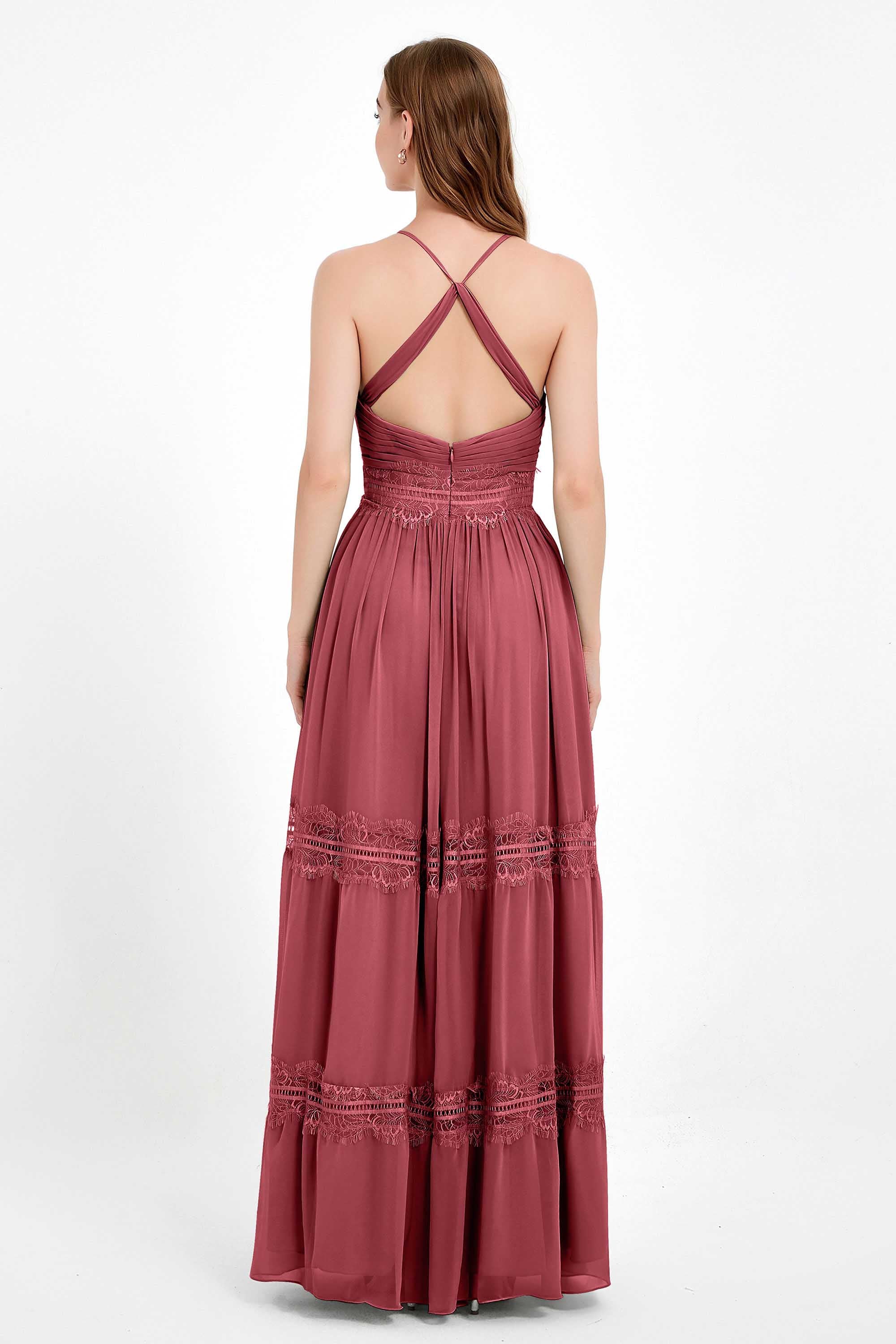 Spaghetti Straps V Neckline Chiffon Lace Bridesmaid Dresses Women's Formal Evening Gowns